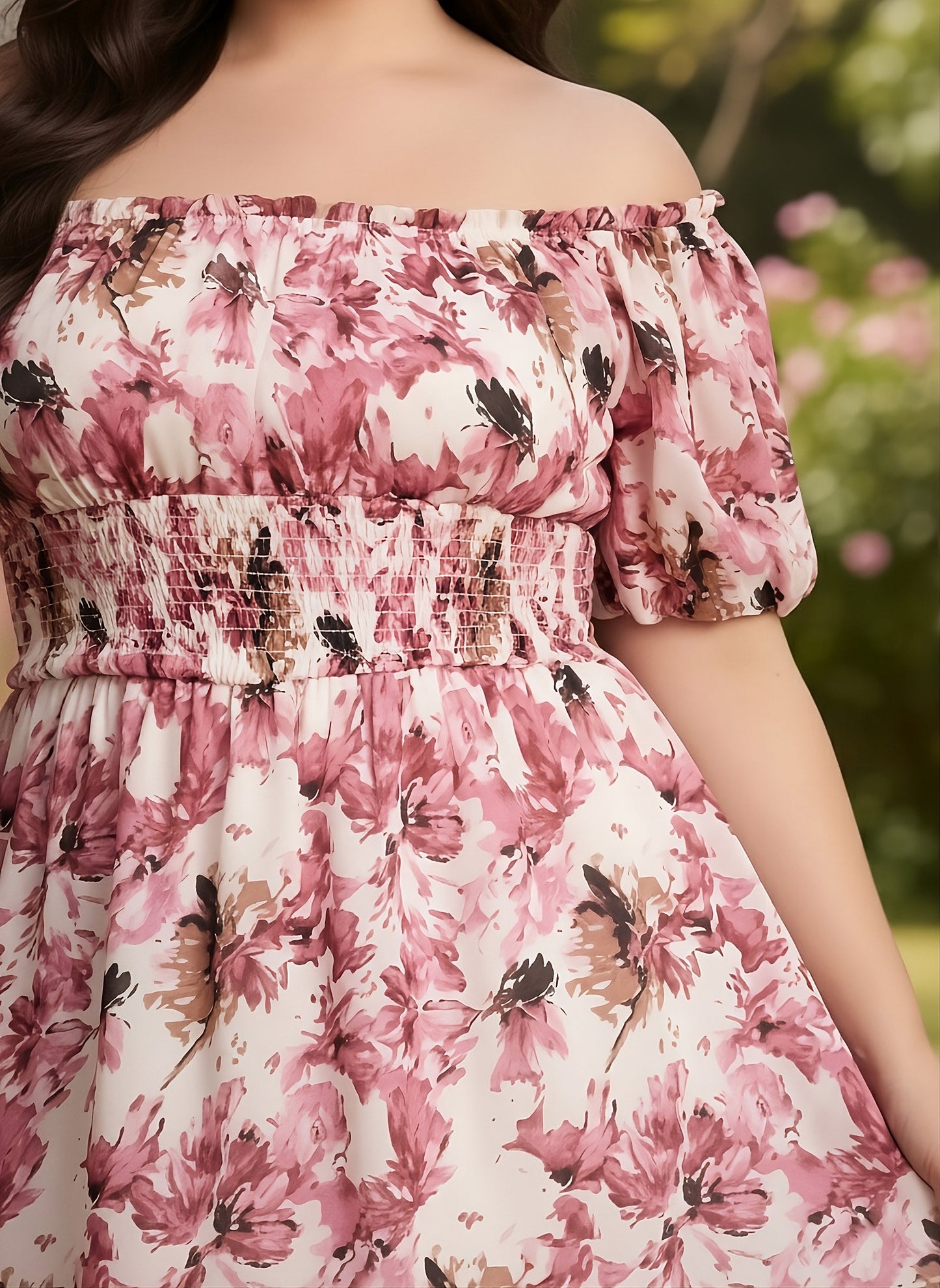 Berrylush Curve Women Plus Size Pink Floral Print Off-Shoulder Short Sleeeve Mini Jumpsuit