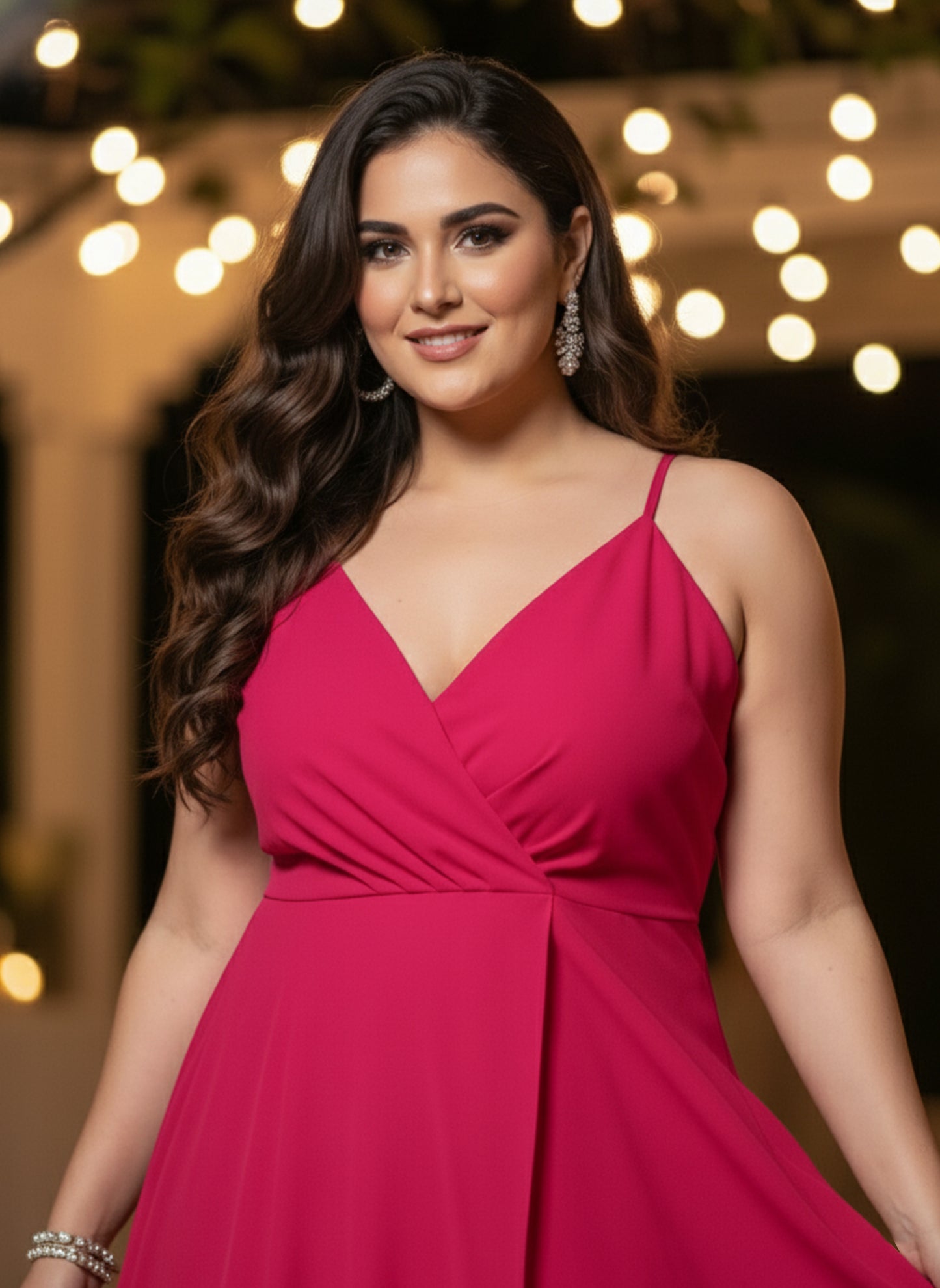 Berrylush Women Plus Size Solid Pink V-Neck Sleeveless Crepe Thigh-High Slit Fit & Flare Wrap Maxi Dress