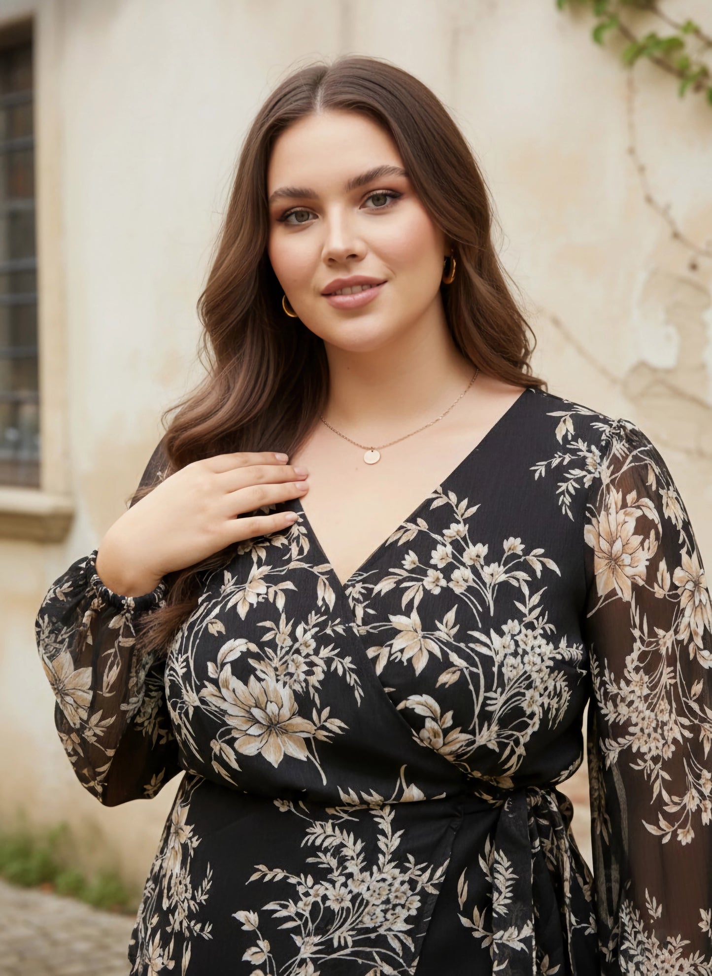 Berrylush Women Plus Size Black & White Floral Printed V-Neck Bishop Sleeve Side Tie-Up Georgette Wrap Regular Top