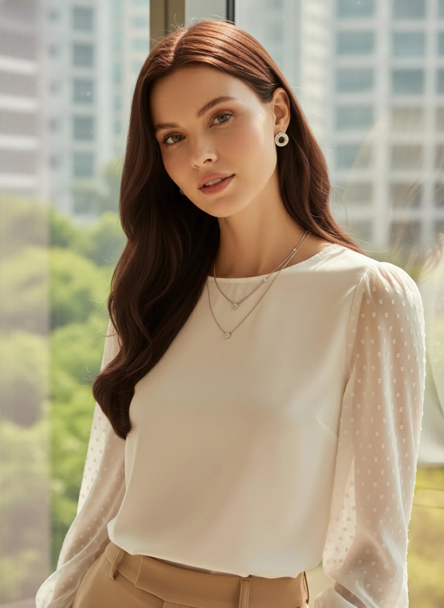 BIZwear Solid White Dobby Weave Round Neck Long Sleeves Back Keyhole Button-Up Regular Top