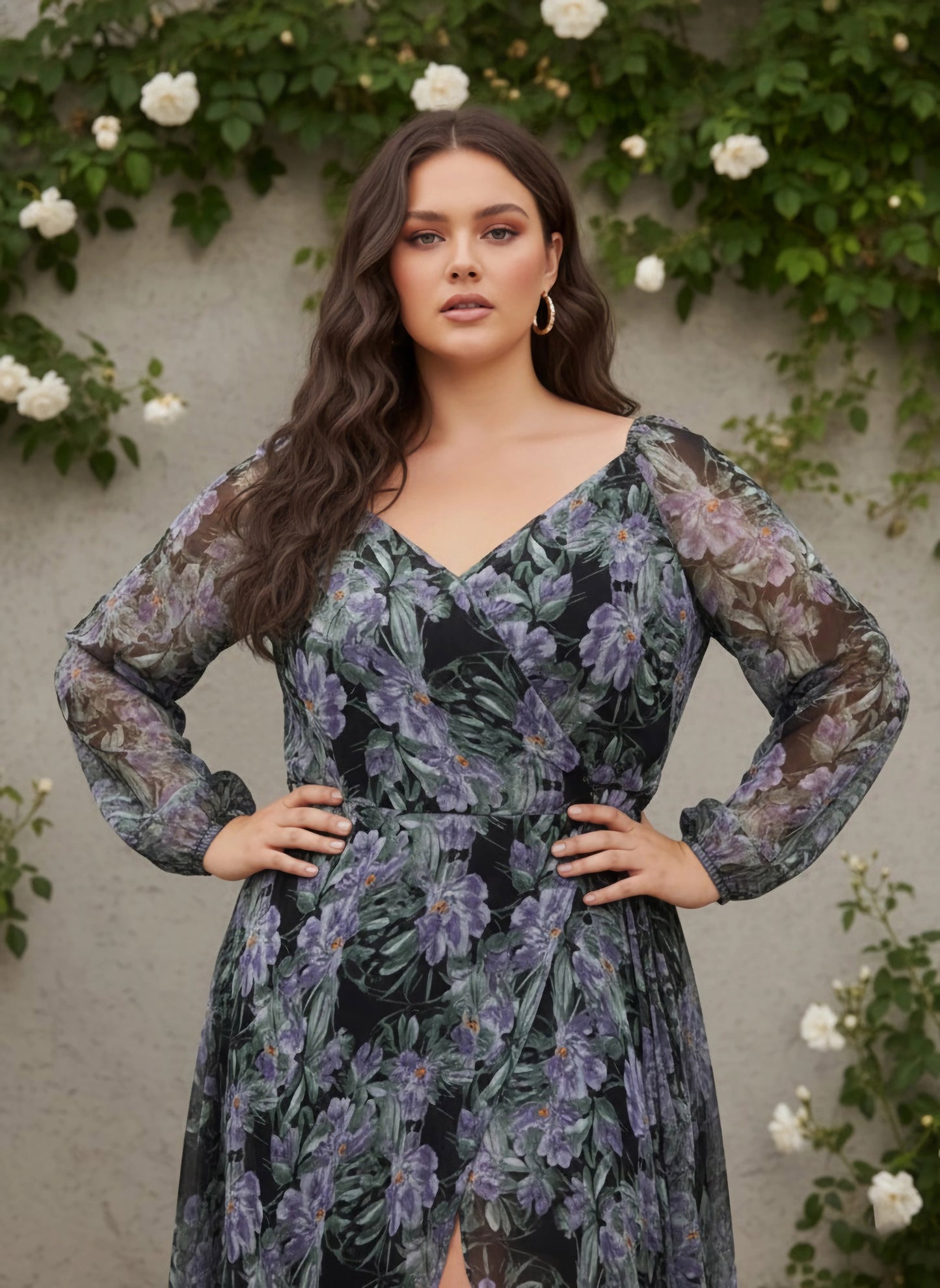 Berrylush Women Plus Size Black, Blue, & Green Floral Printed Sweetheart Neck Waist Tie-Up Georgette Pleated Wrap Maxi Dress