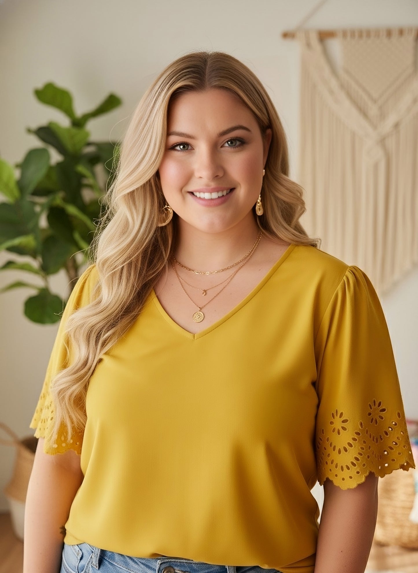 Berrylush Women Plus Size Solid Yellow V-Neck Cutout Sleeve Crepe Regular Top