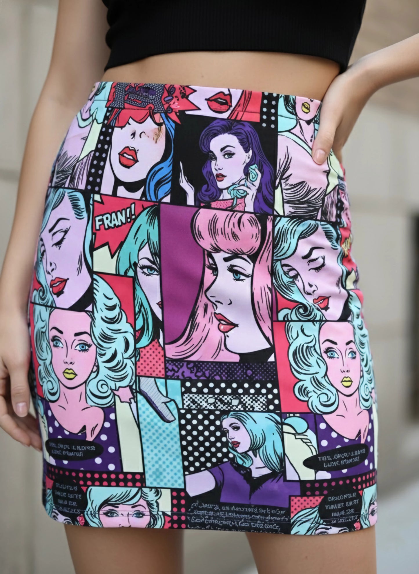 Berrylush Women Multicolour Pop Printed Slip-On Straight Hem Slitted Pencil Mini Skirt