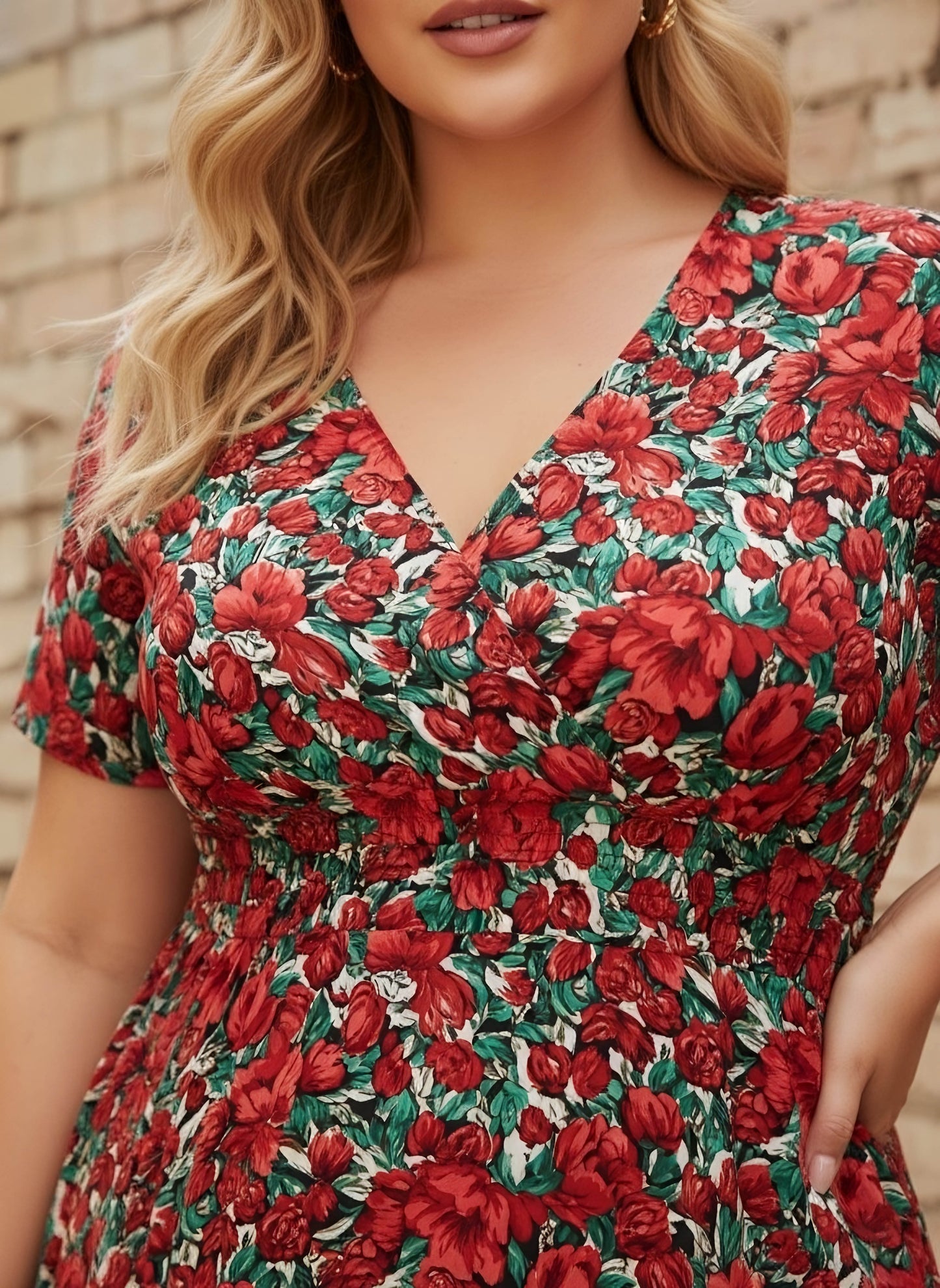 Berrylush Women Plus Size Red & Green Floral Printed V-Neck Crepe Flared Wrap Midi Dress