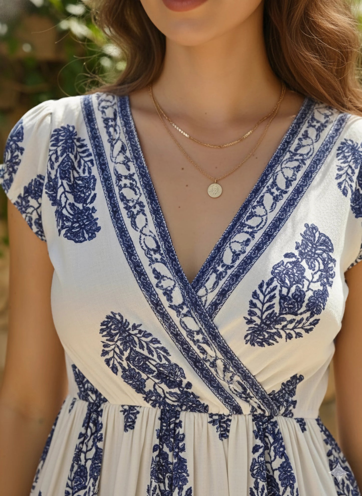 Berrylush Women Off-White & Navy Blue Ethnic Motifs Printed V-Neck Flared Wrap A-Line Mini Dress