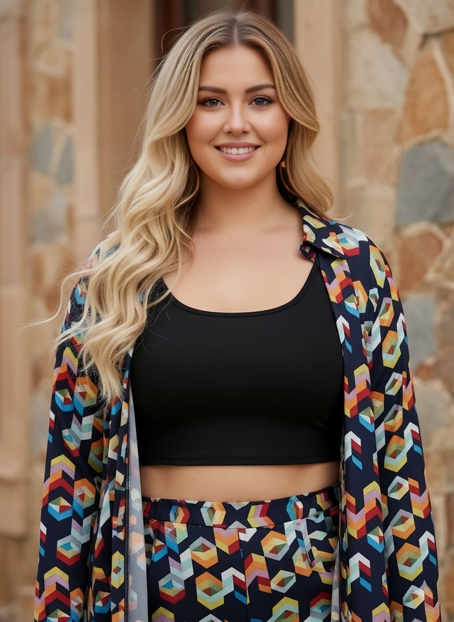 Berrylush Curve Women Navy Blue Geometric Print Long Shirt and Trouser Co-ords