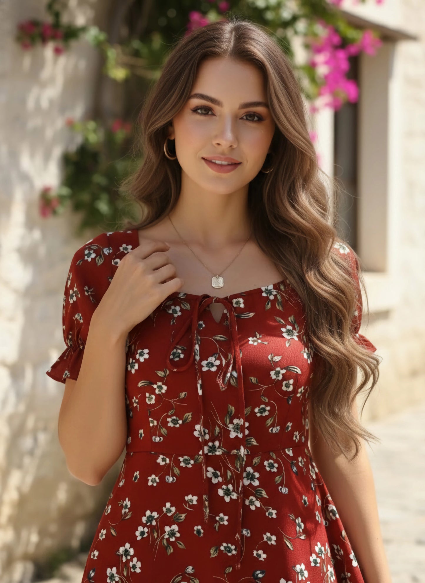 Berrylush Women Red & White Floral Printed Sweetheart Neck Tie-Up Front Crepe Fit & Flare Mini Dress
