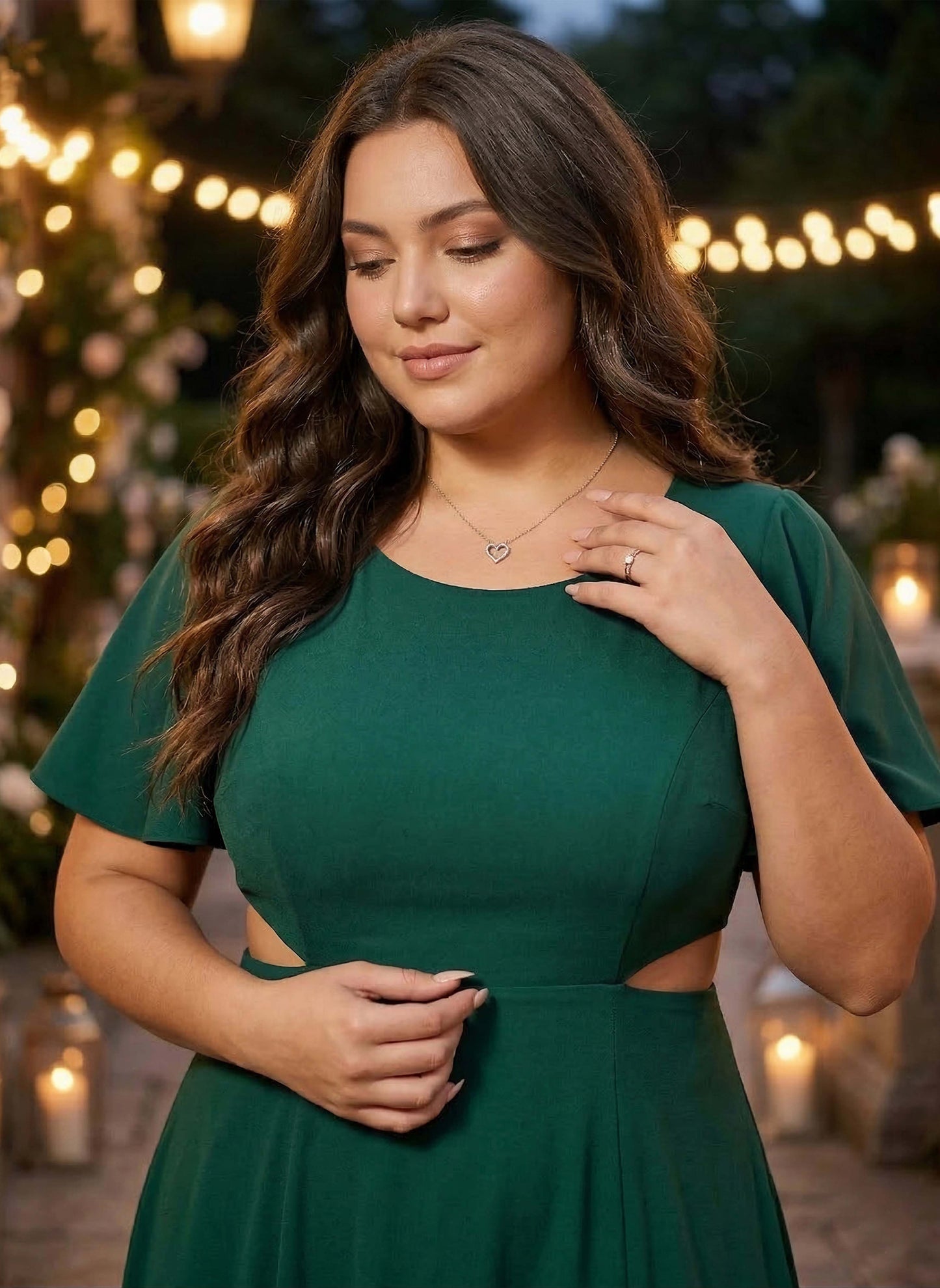 Plus Size Solid Green Round Neck Flutter Sleeve Back Cutout Thigh-High Slit Flared Maxi Dress