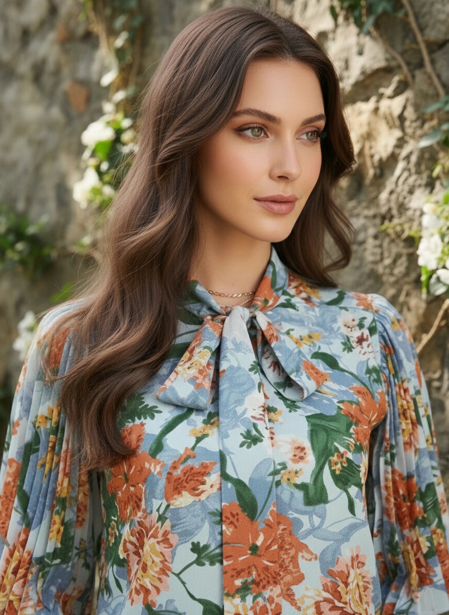 Blue & Orange Floral Printed Tie-Up Neck Pleated Sleeves Button-Up Regular Top