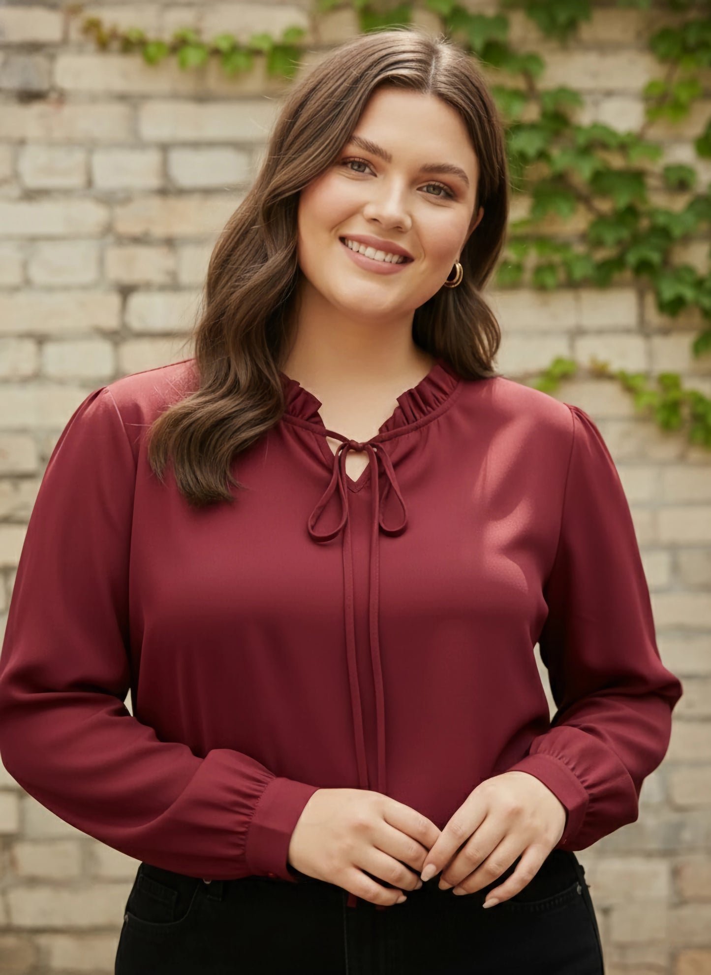 Berrylush Women Plus Size Solid Maroon Tie-Up Neck Cuff Sleeves Crepe Ruffled Regular Top