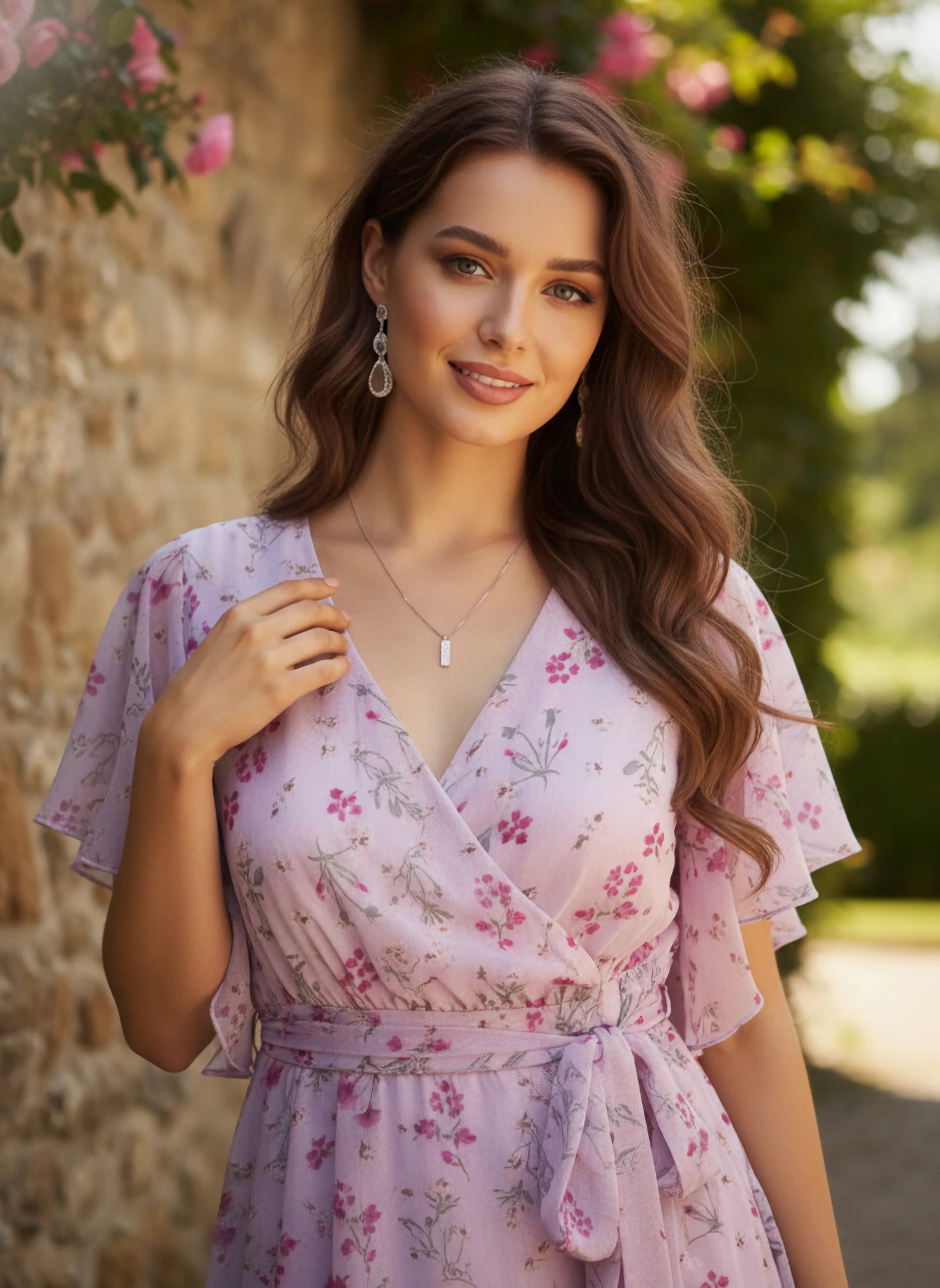 Berrylush Women Purple & Pink Floral Printed V-Neck Waist Tie-Up Crepe High-Low Hem Pleated Maxi Dress