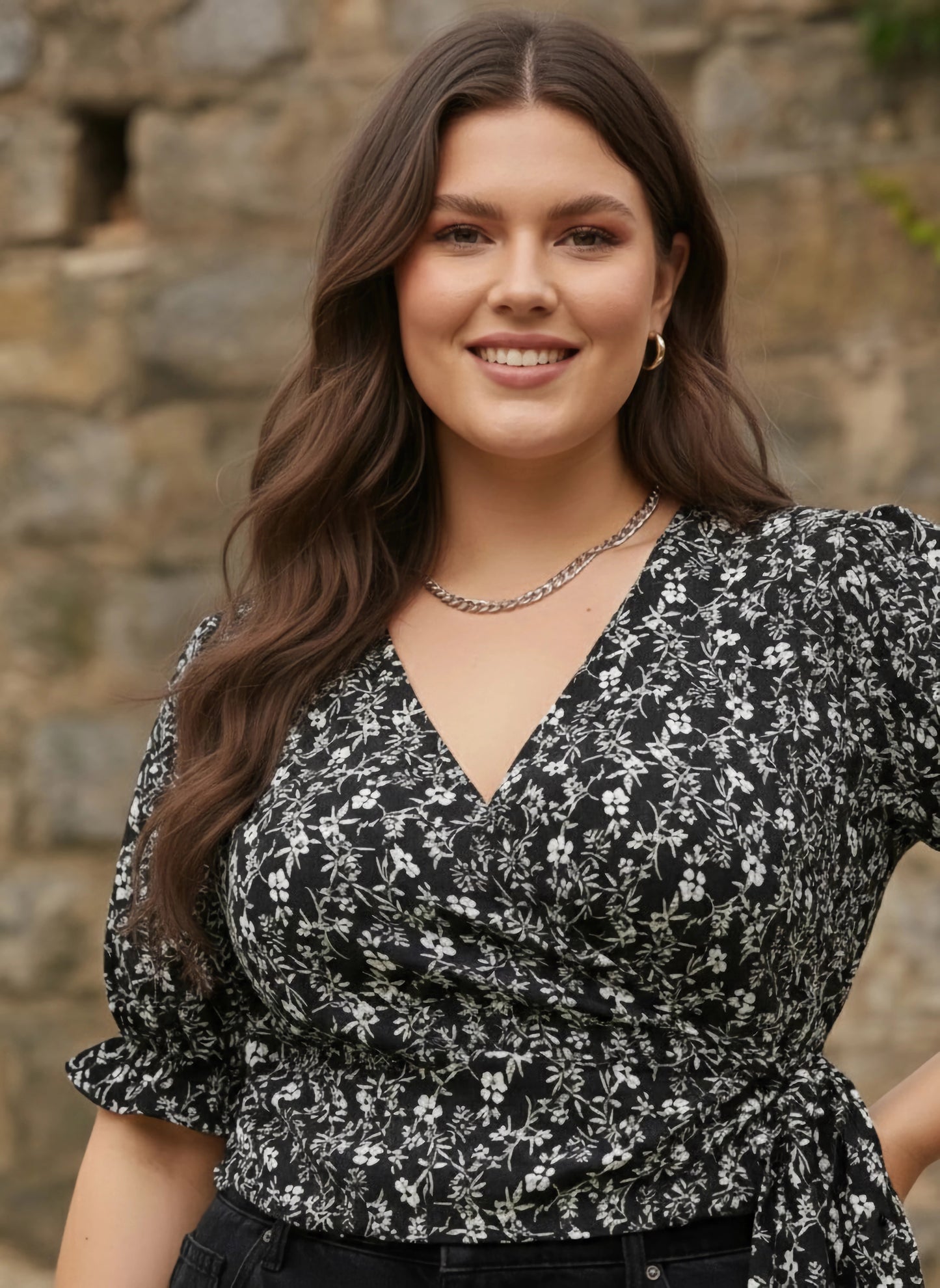 Berrylush Women Plus Size Black & White Floral Printed V-Neck Waist Tie-Up Crepe Wrap Regular Top