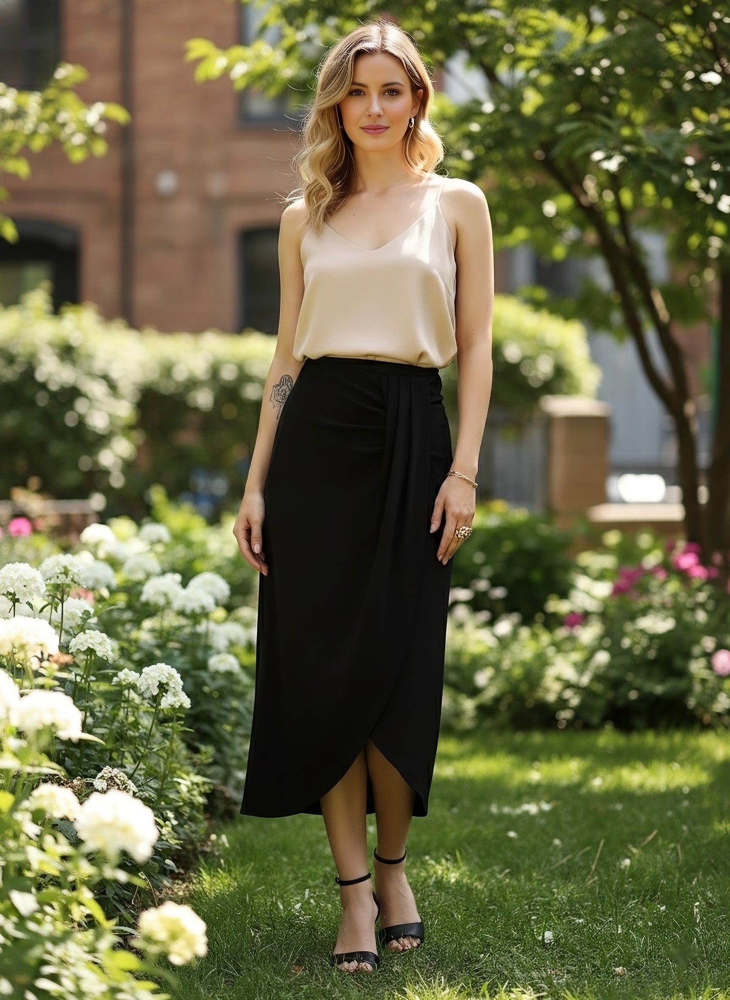 Berrylush Women Solid Black High-Rise Waist Asymmetrical Hem Pleated Maxi Skirt