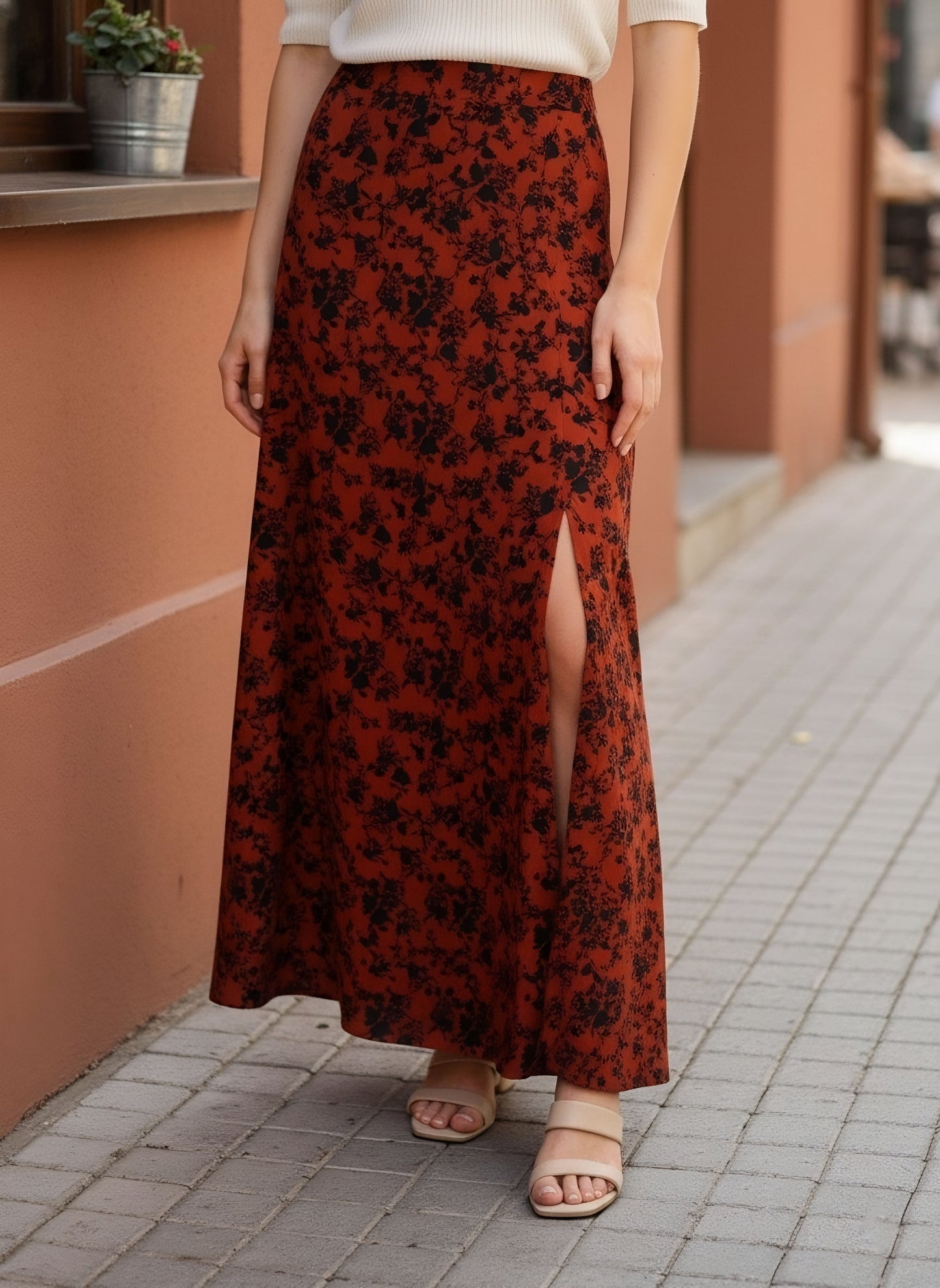 Berrylush Women Brown Floral Print High Rise A-Line Midi Skirt