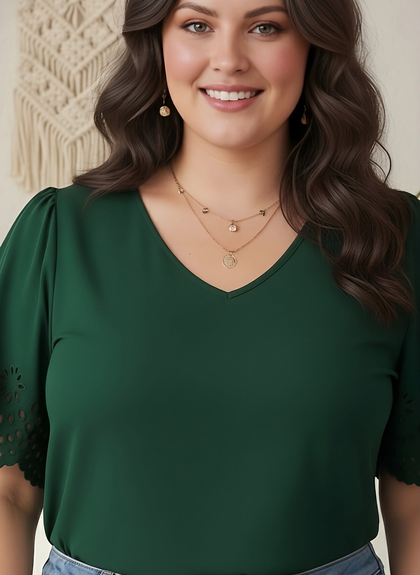 Berrylush Women Plus Size Solid Green V-Neck Cutout Sleeve Crepe Regular Top