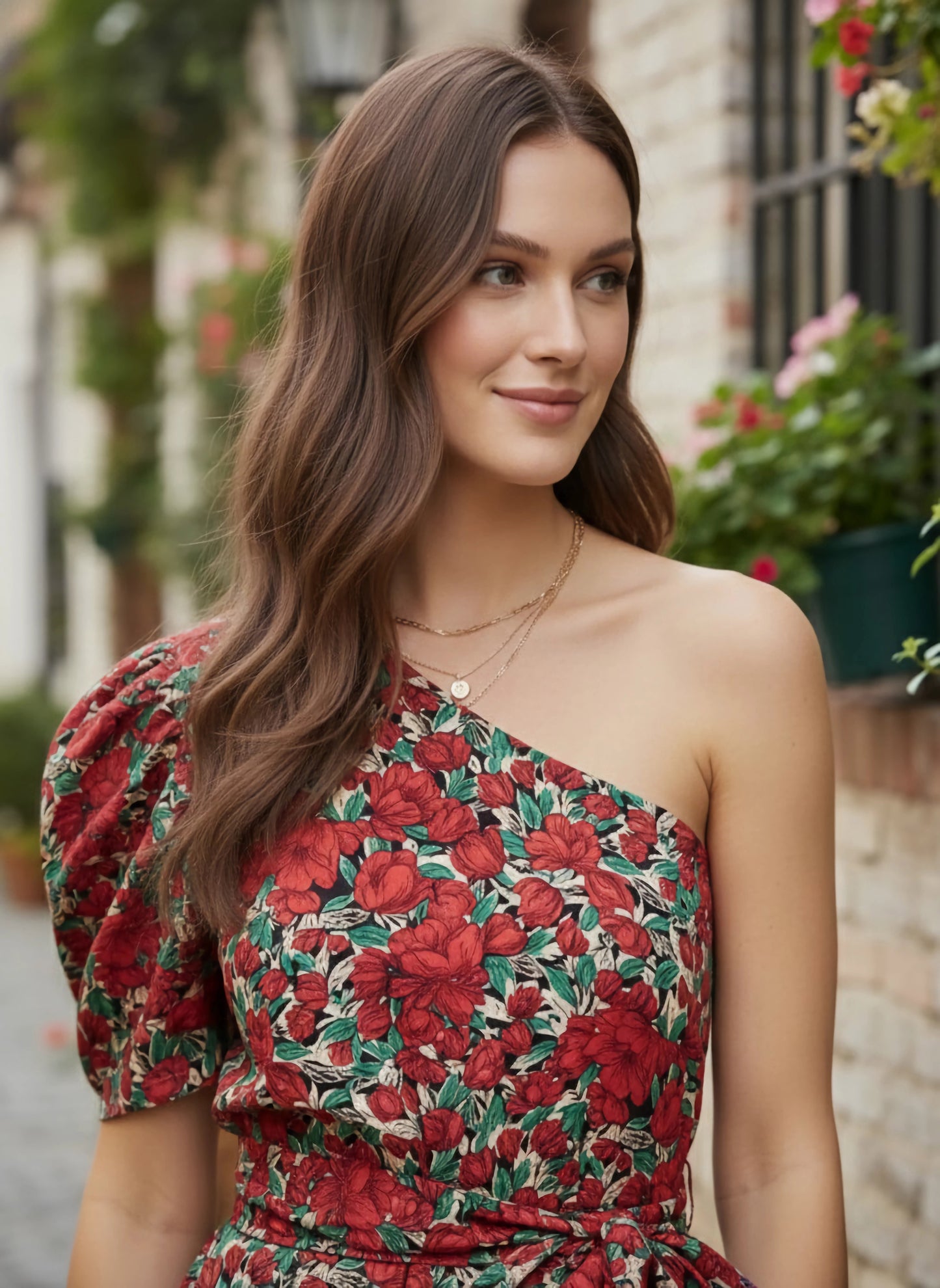Red & Green Floral Printed One-Shoulder Neck Puff Sleeve Tie-Up Waist Regular Peplum Top