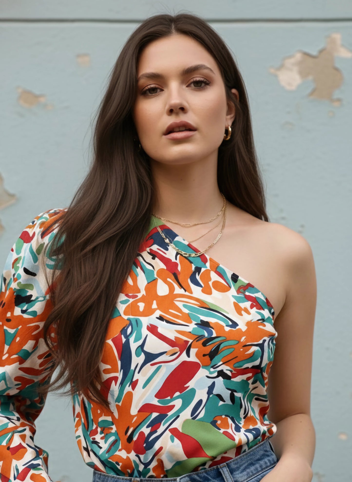 Berrylush Women White & Multicolour Abstract Printed One-Shoulder Neck Crepe Woven Regular Top