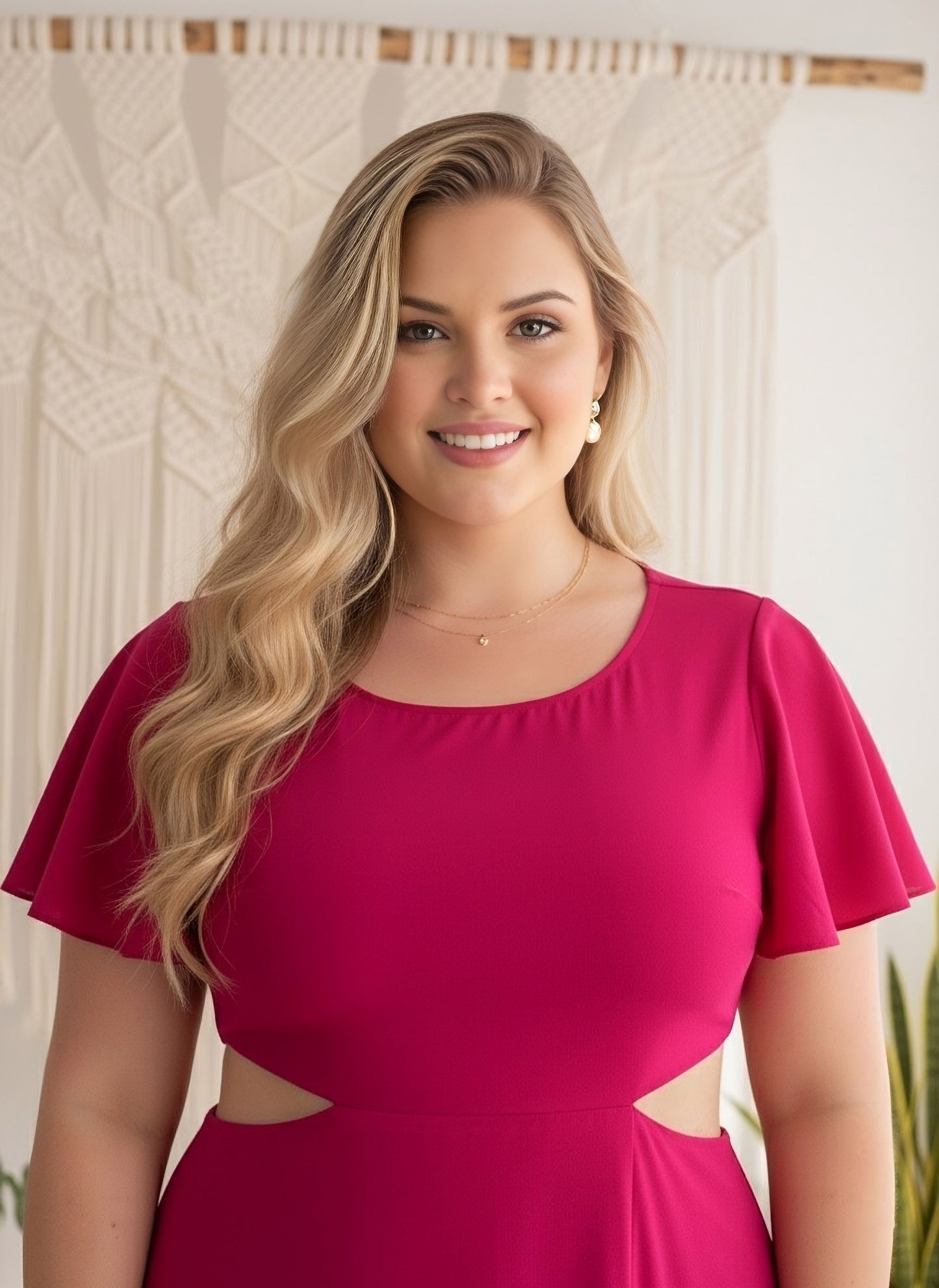 Berrylush Curve Women Solid Pink Round Neck Cut-Out Crepe Thigh-High Slit Fit & Flare Maxi Dress