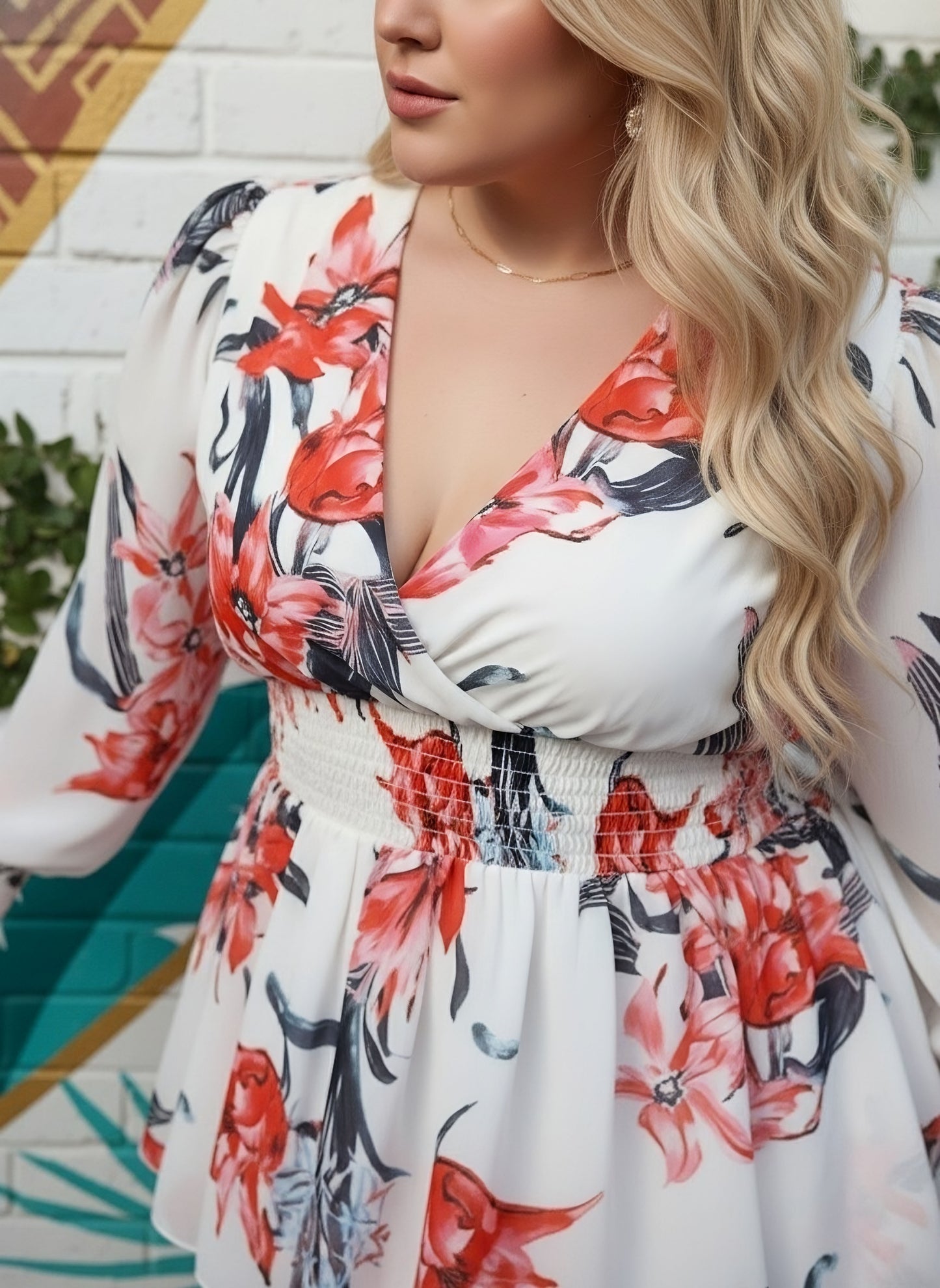 Berrylush Women Plus Size White & Peach Floral Printed V-Neck Smocked A-Line Mini Dress