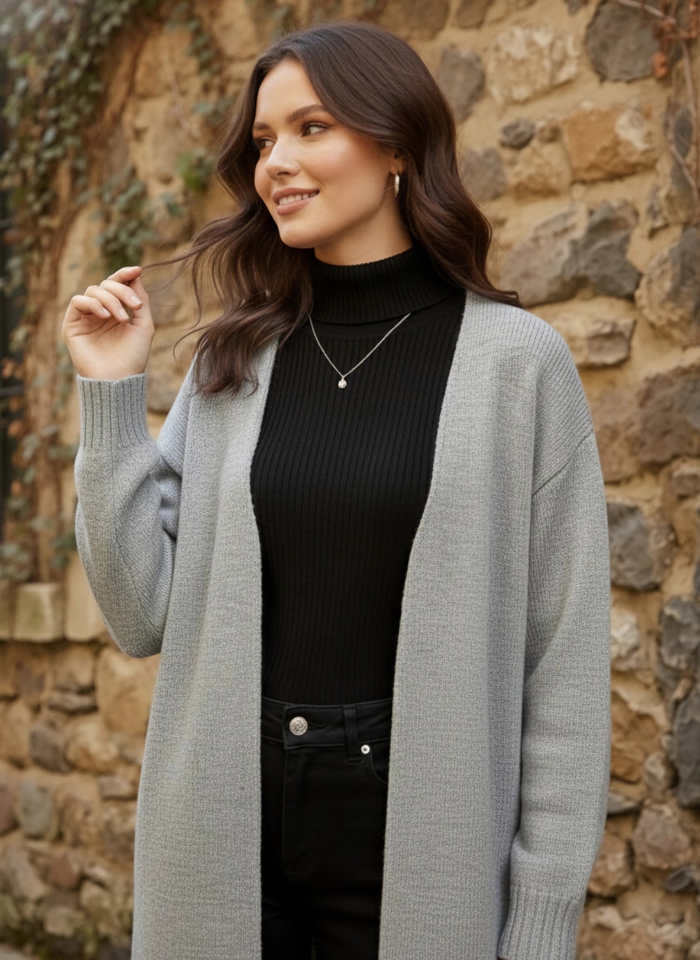 Berrylush Women Solid Grey V-Neck Drop-Shoulder Sleeves Open-Front Acrylic Straight Hem Knitted Longline Cardigan