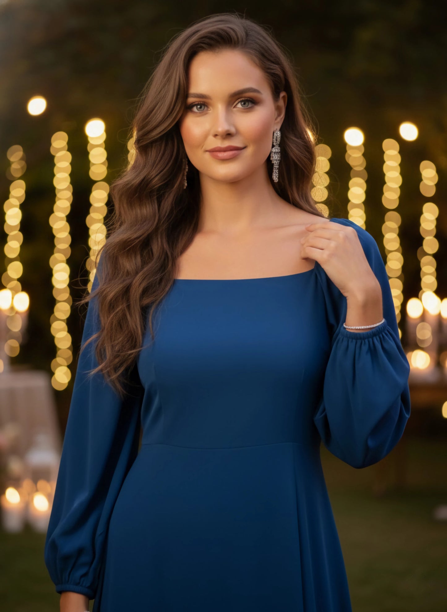 Berrylush Women Solid Blue Square Neck Slim-Fit Maxi Dress