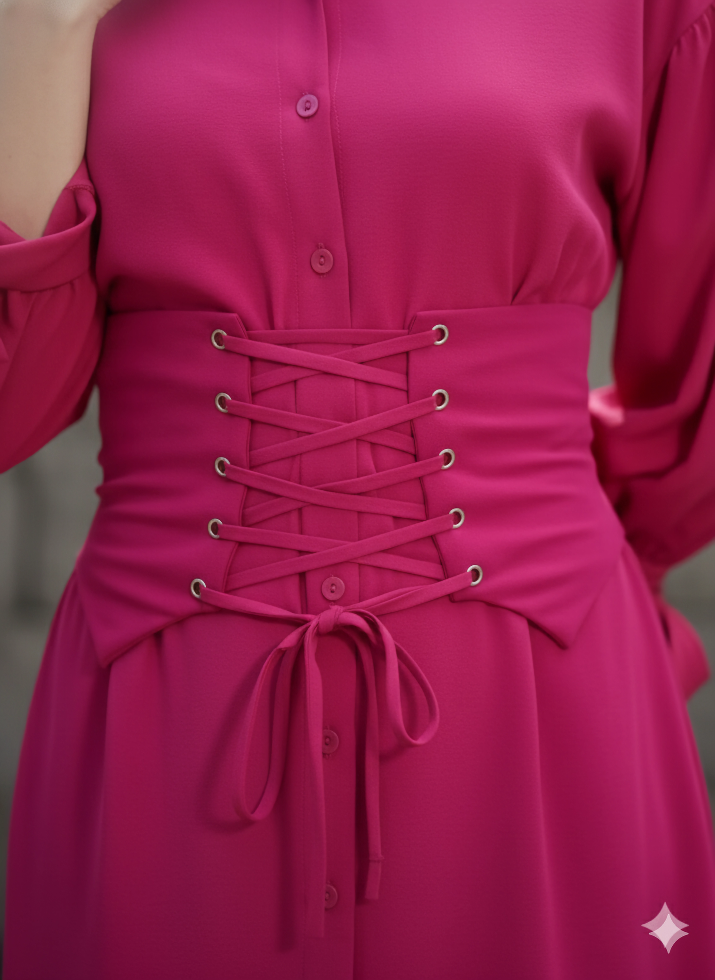 Berrylush Women Solid Pink Collar Neck Waist Tie-Up Corset Curved Hem Mini Shirt Dress