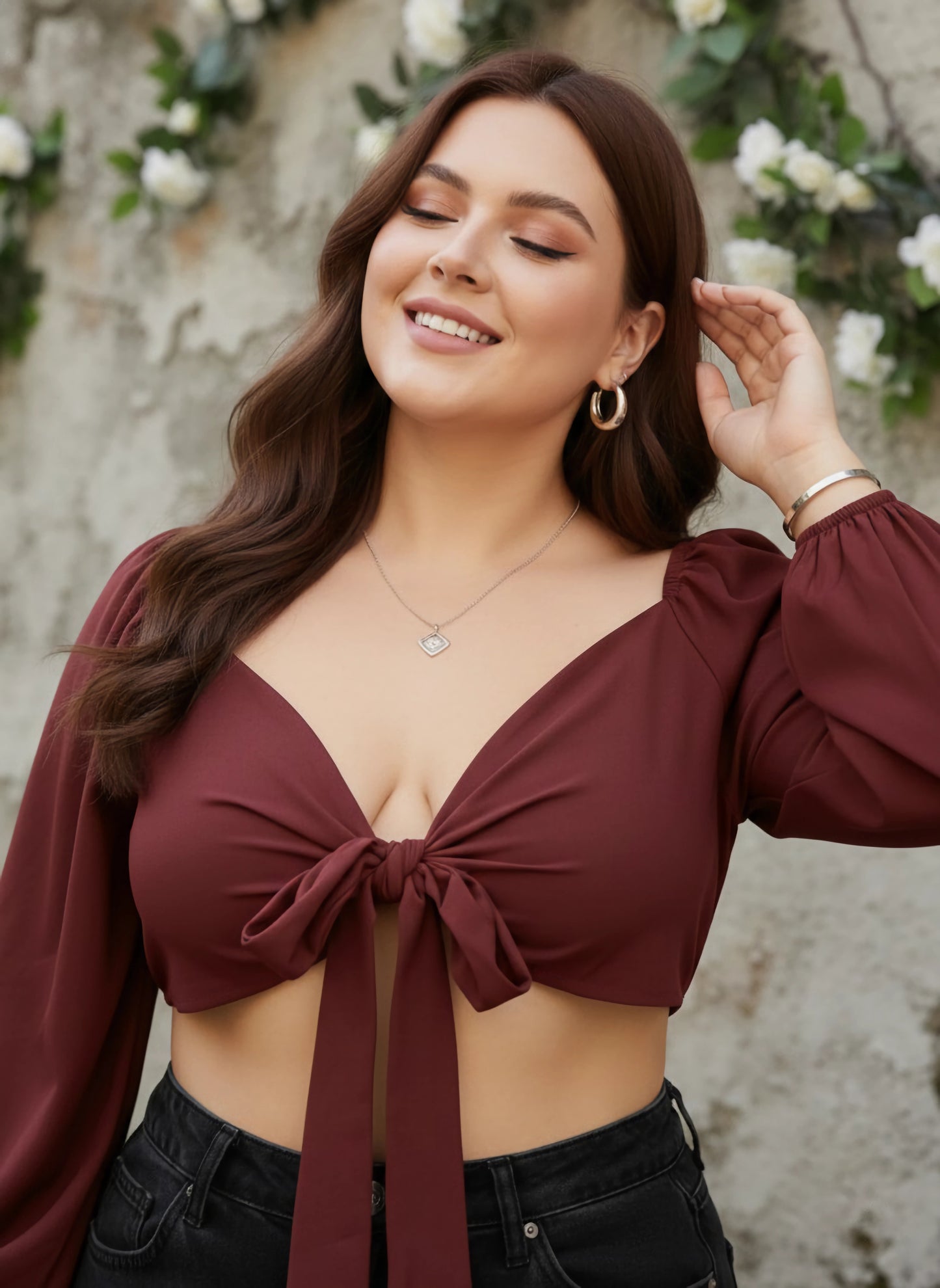 Berrylush Women Plus Size Solid Maroon Sweetheart Neck Front Tie-Up Cropped Top