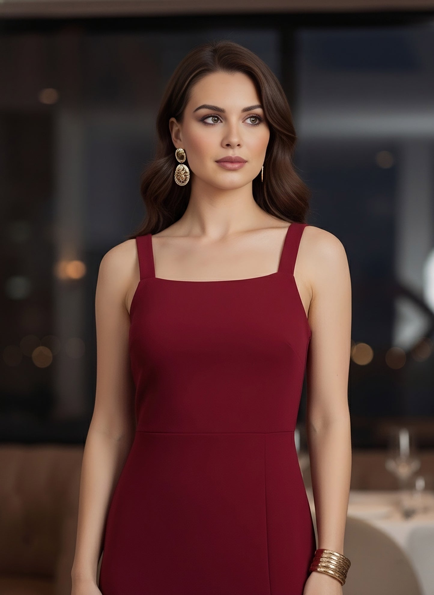 Berrylush Women Solid Red Square Neck Sleeveless Thigh-High Slit Straight Hem Knitted Maxi Dress