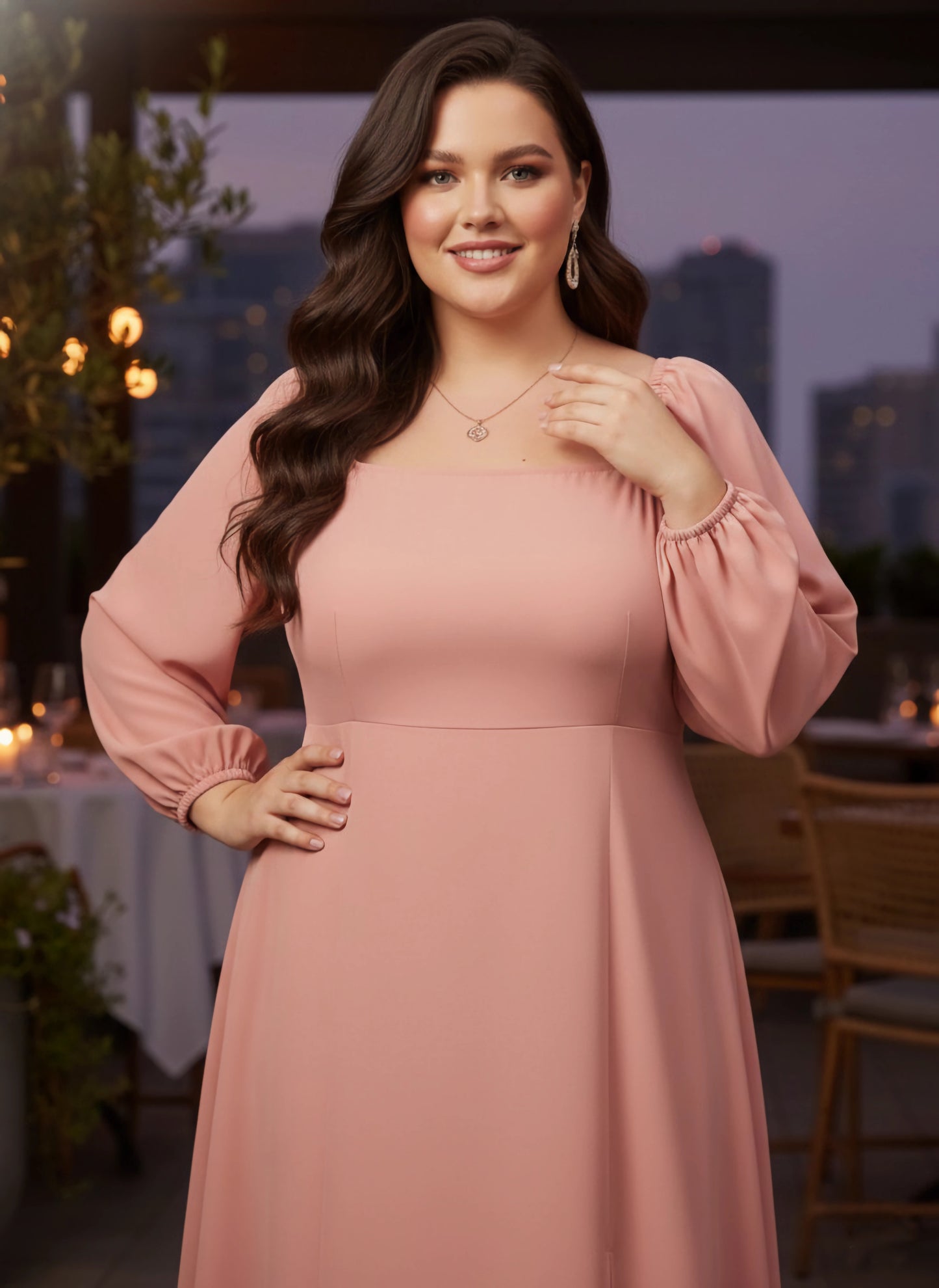 Berrylush Curve Women Solid Peach Square Neck Crepe Thigh-High Slit Flared A-Line Maxi Dress