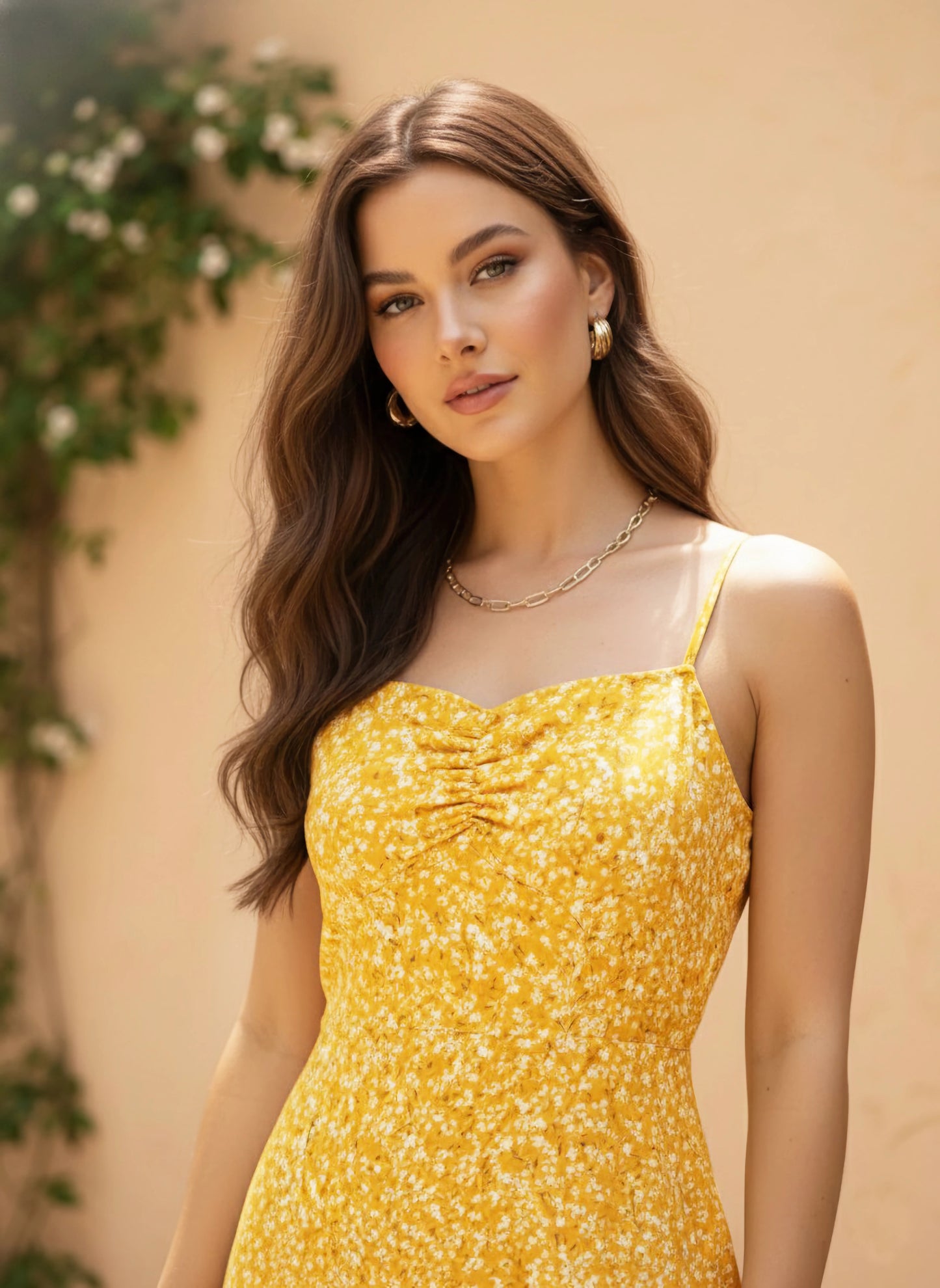 Berrylush Women Yellow & White Floral Printed Sweetheart Neck Straight Hem Slited A-Line Midi Dress