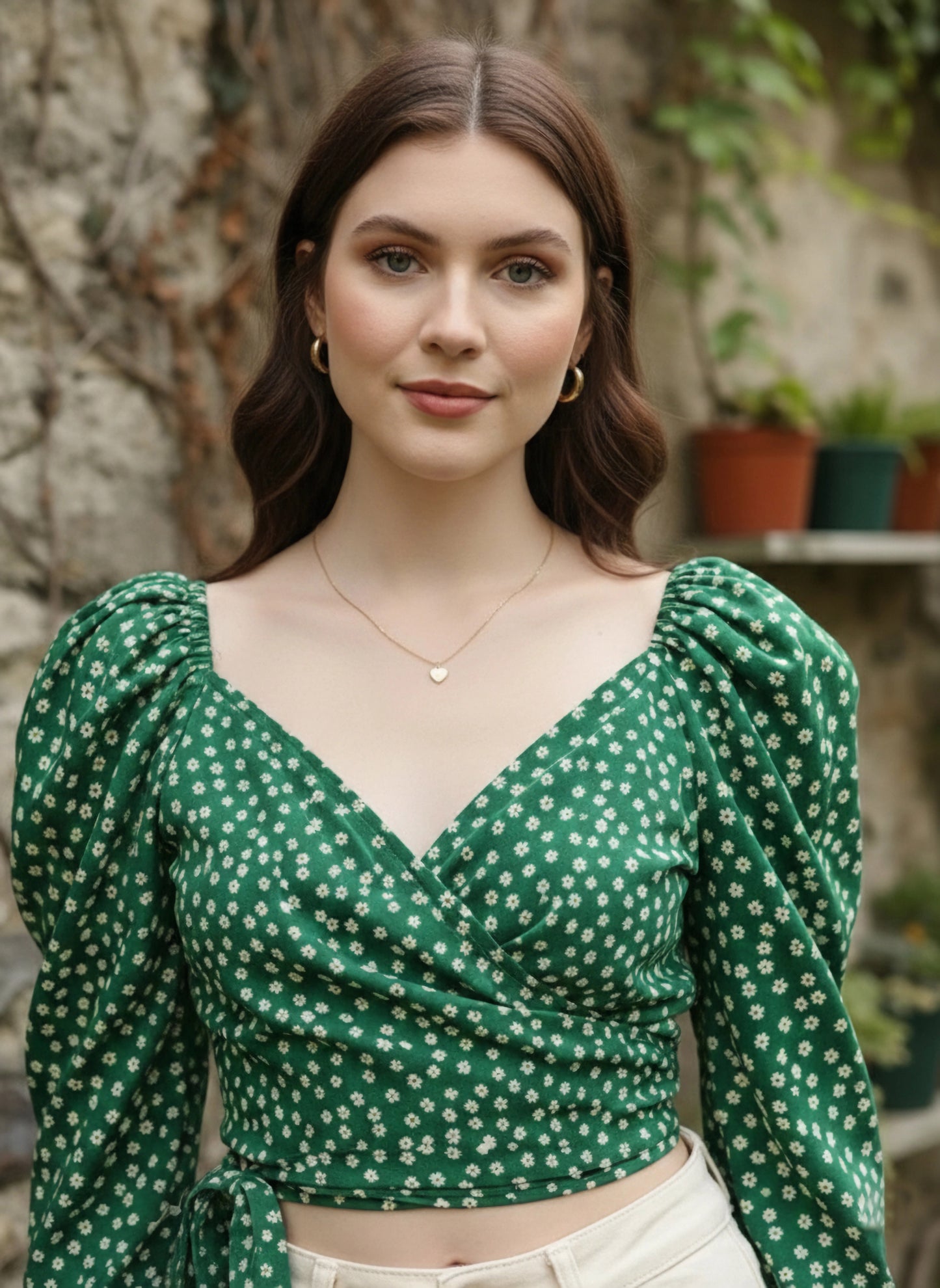 Berrylush Women Green & White Floral Printed V-Neck Crepe Wrap Top