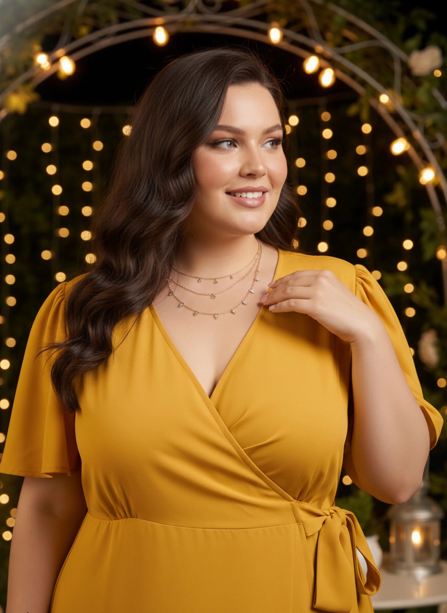 Curve Solid Yellow V-Neck Flared Sleeves Tie-Up Waist Tulip Hem Wrap Maxi Dress