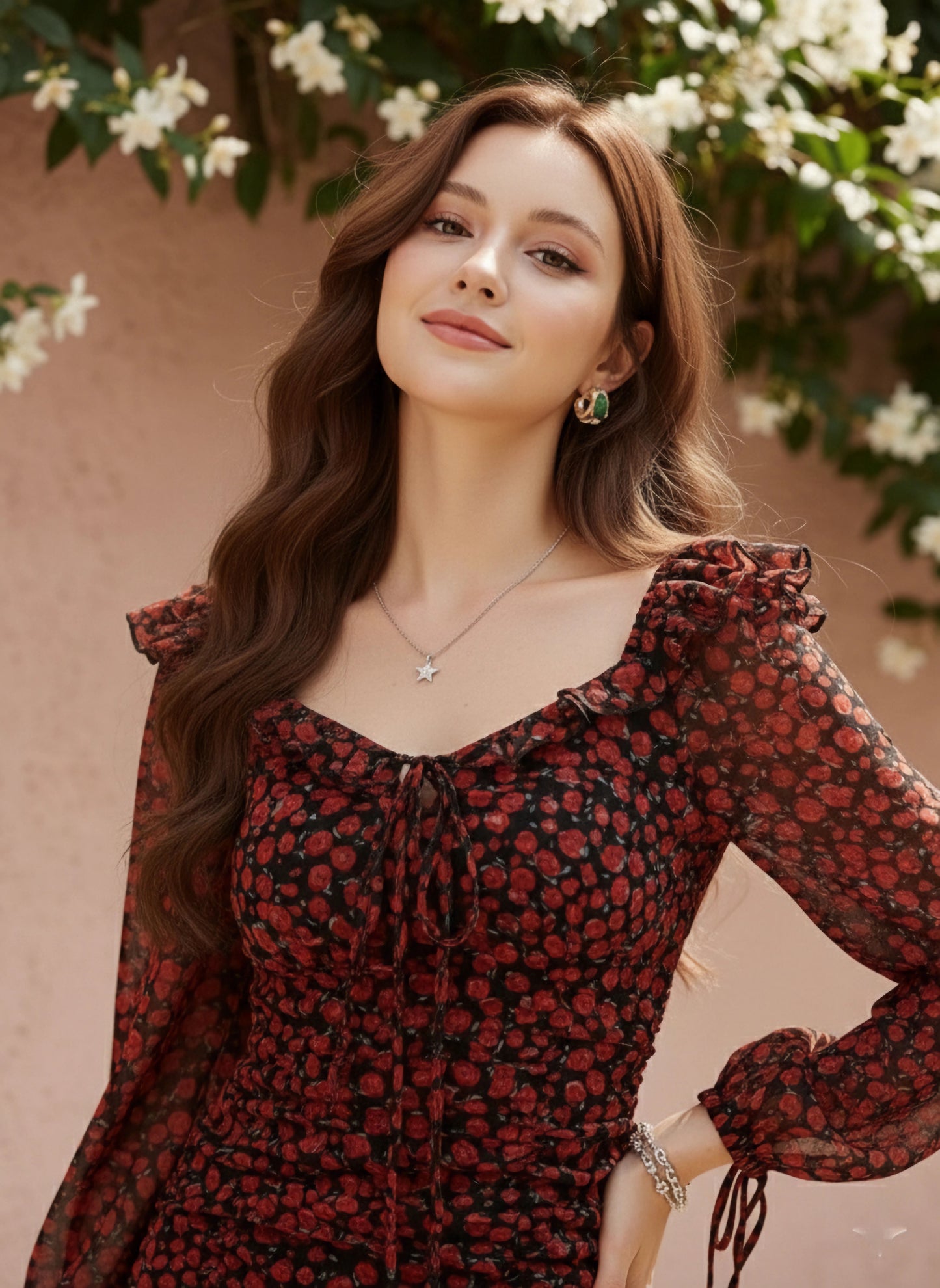 Berrylush Women Black & Red Floral Printed Sweetheart Neck Georgette Tie-Up Flounce Hem Ruffled Bodycon Mini Dress