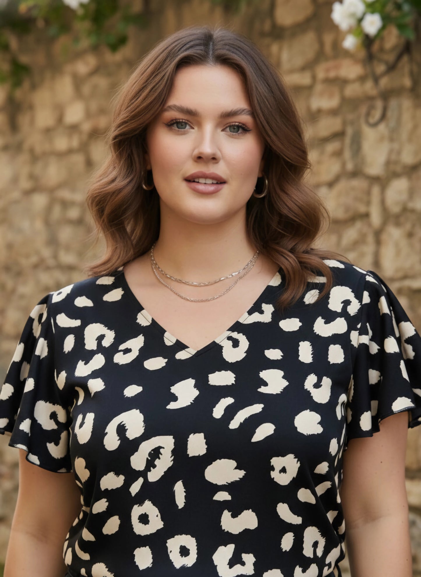 Berrylush Women Plus Size Black & White Animal Printed V-Neck Flutter Sleeve Crepe Ruffled Regular Top