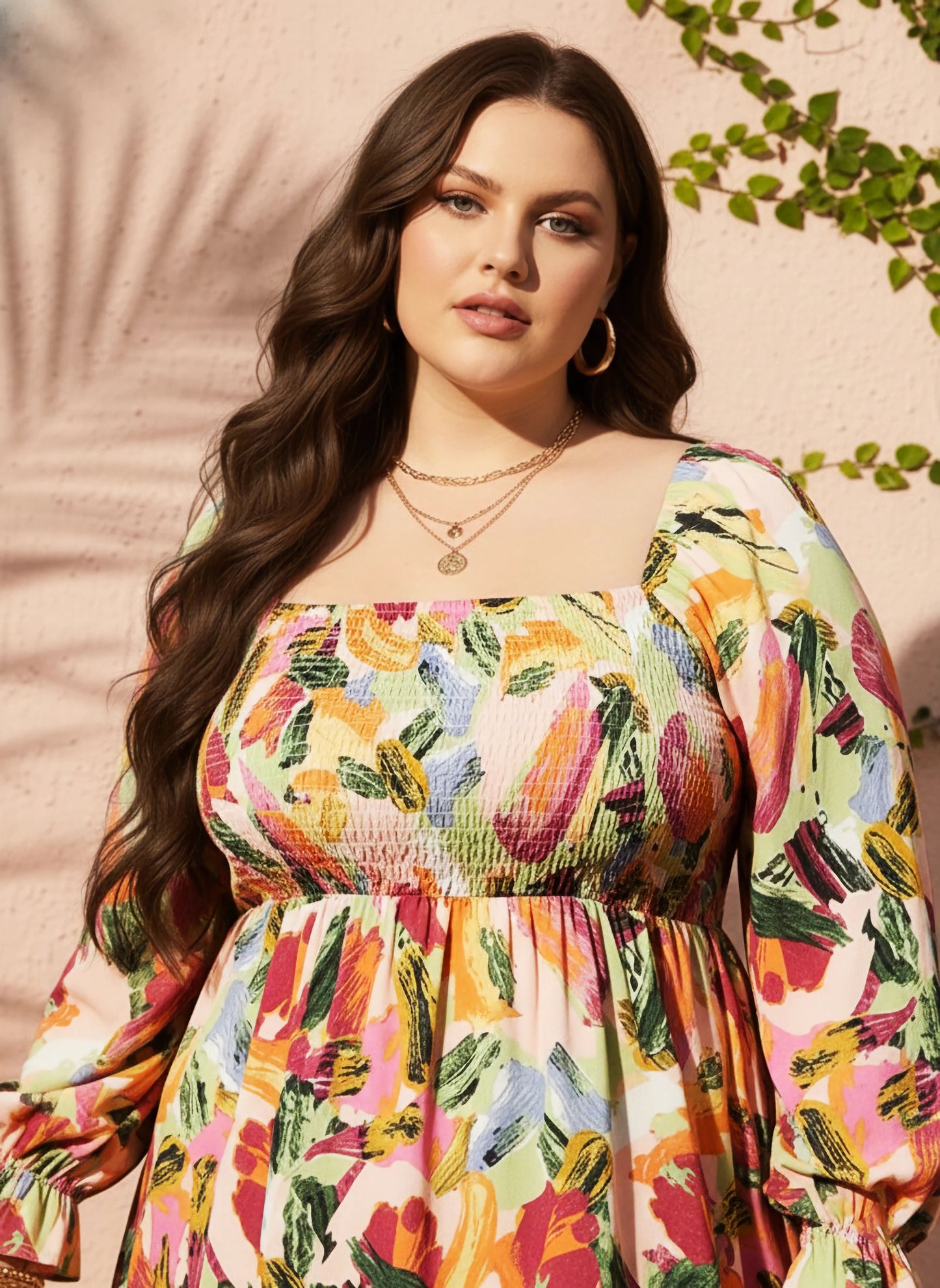Curve Pink & Multicolour Abstract Printed Square Neck Bishop Sleeves Smocked Fit & Flare Mini Dress