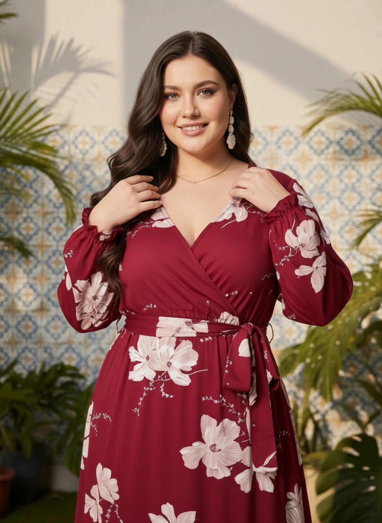 Berrylush Curve Women Maroon & Pink Floral Printed V-Neck Bishop Sleeves Waist Tie-Up Wrap Pleated Maxi Dress