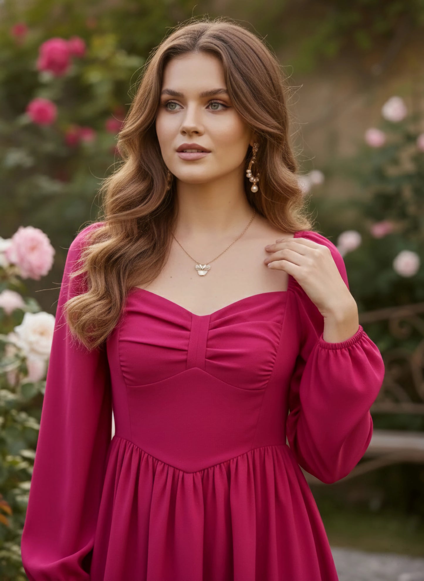 Solid Pink Sweetheart Neck Puff Sleeves Back Zipper-Up Pleated Fit & Flare Mini Dress