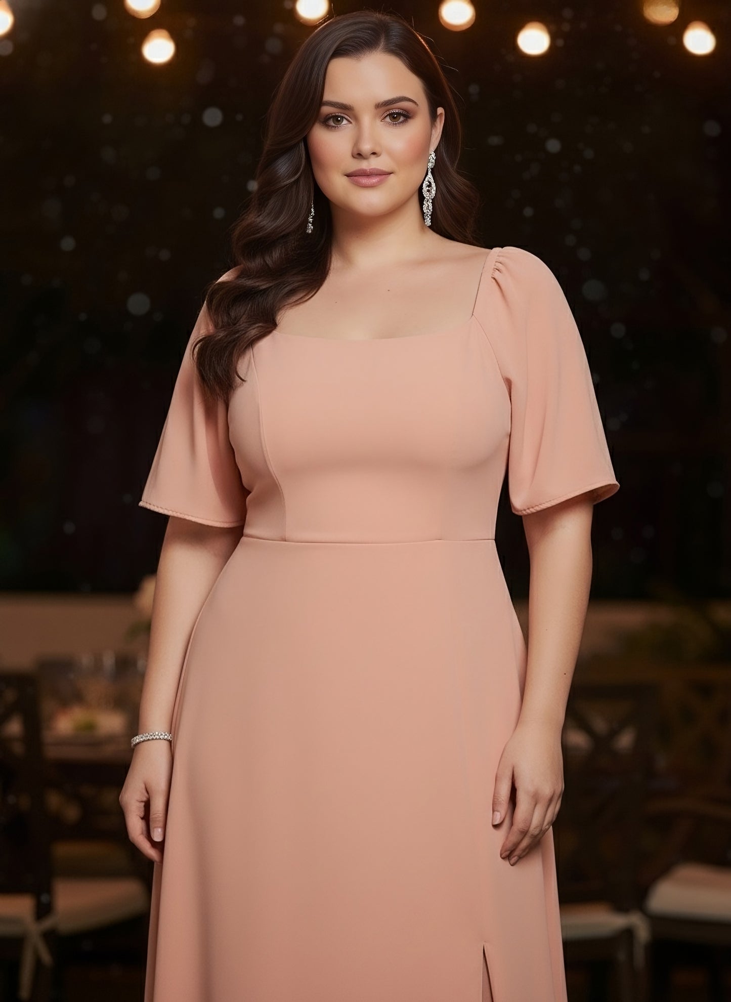 Berrylush Curve Women Solid Pink Square Neck Puff Sleeves Thigh-High Slit Flared Maxi Dress