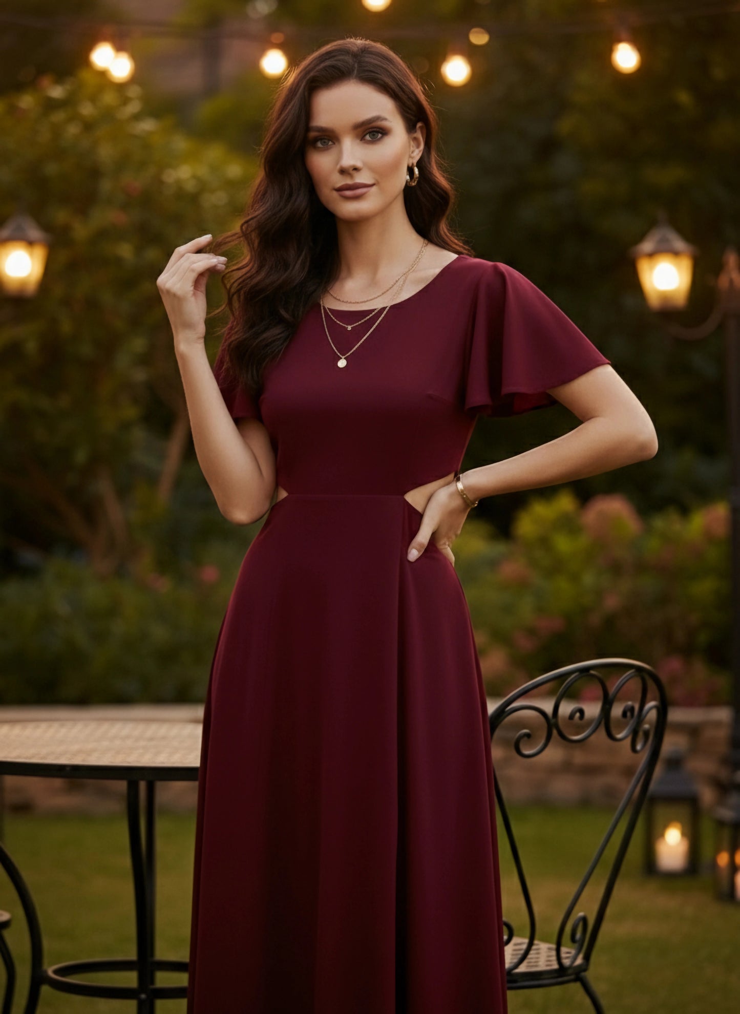Solid Maroon Round Neck Cutout Crepe Thigh-High Slit Fit & Flare Maxi Dress