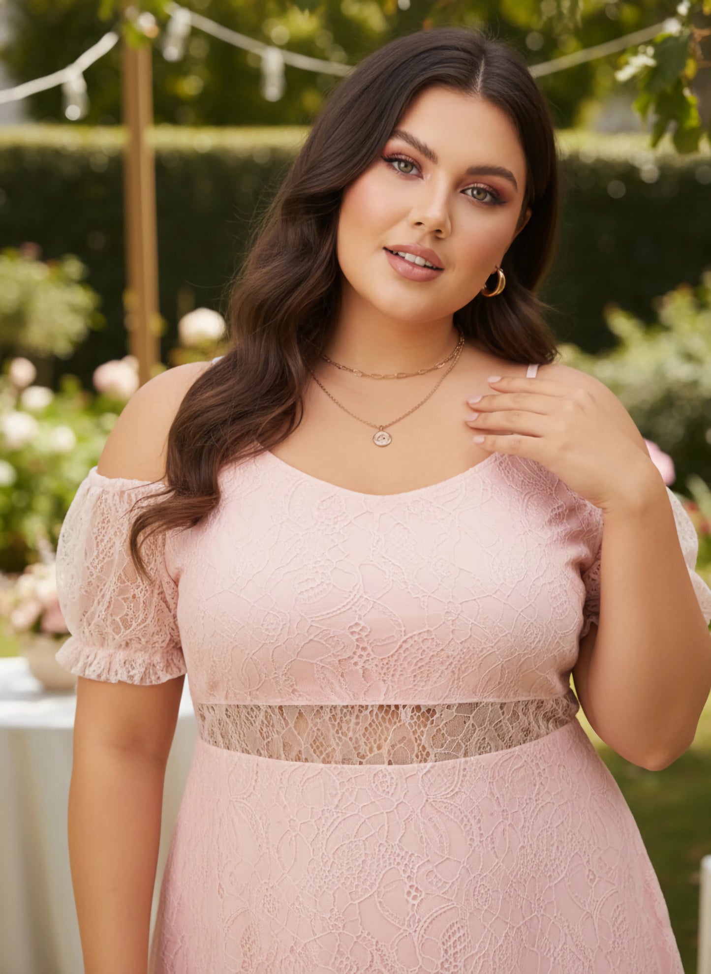 Curve Solid Pink Round Neck Cold-Shoulder Sleeves Lace Knitted Fit & Flare Mini Dress