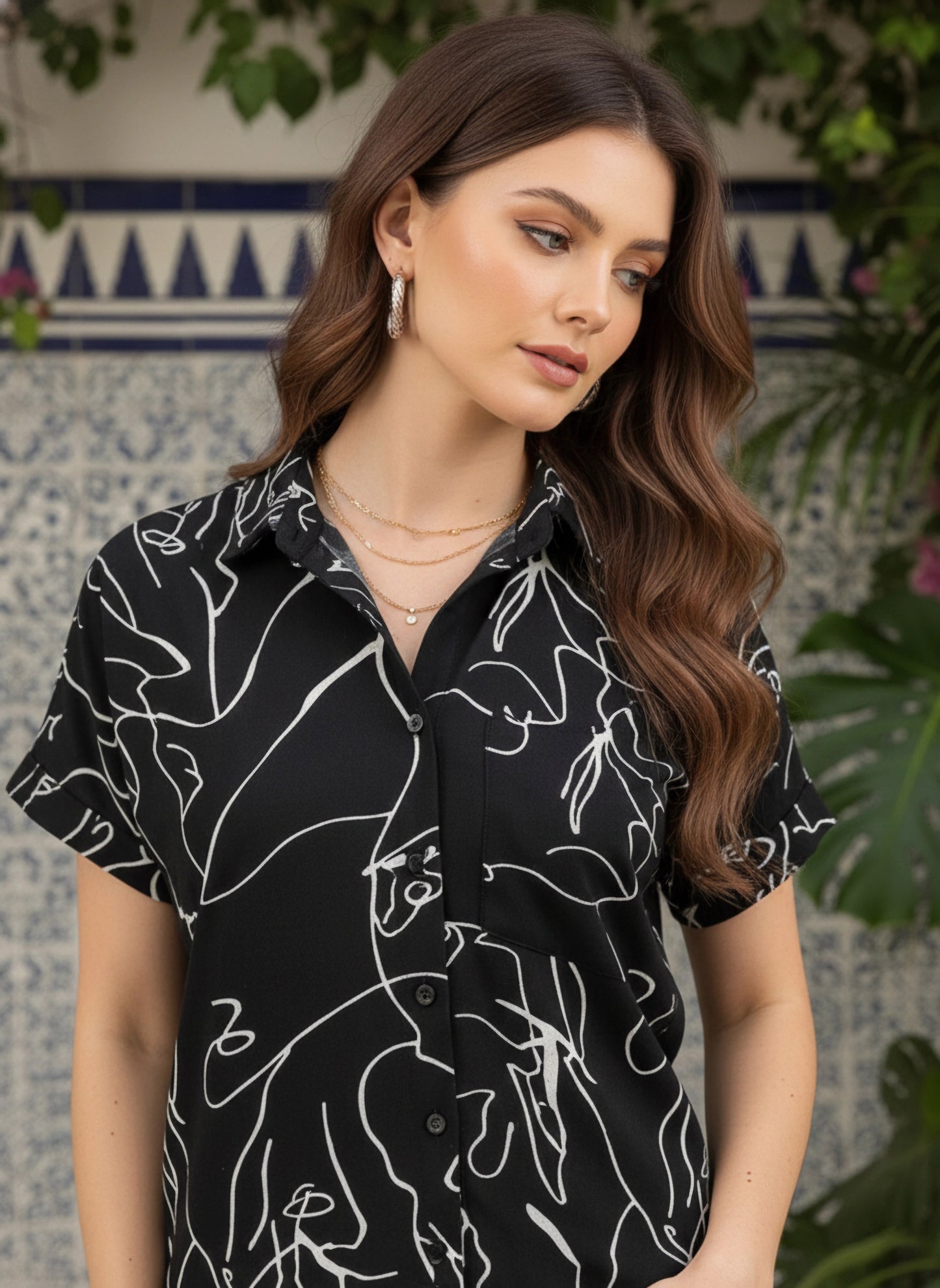 Berrylush Women Black & White Geometrical Printed Spread Collar Neck Straight Hem Regular Shirt & Wide-Leg Maxi Trousers Co-Ord Set