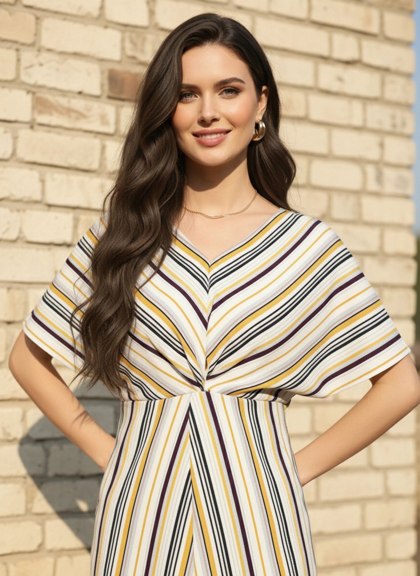Berrylush Women Yellow & Off-White Stripe Printed V-Neck Front Slit Pleated A-Line Mini Dress