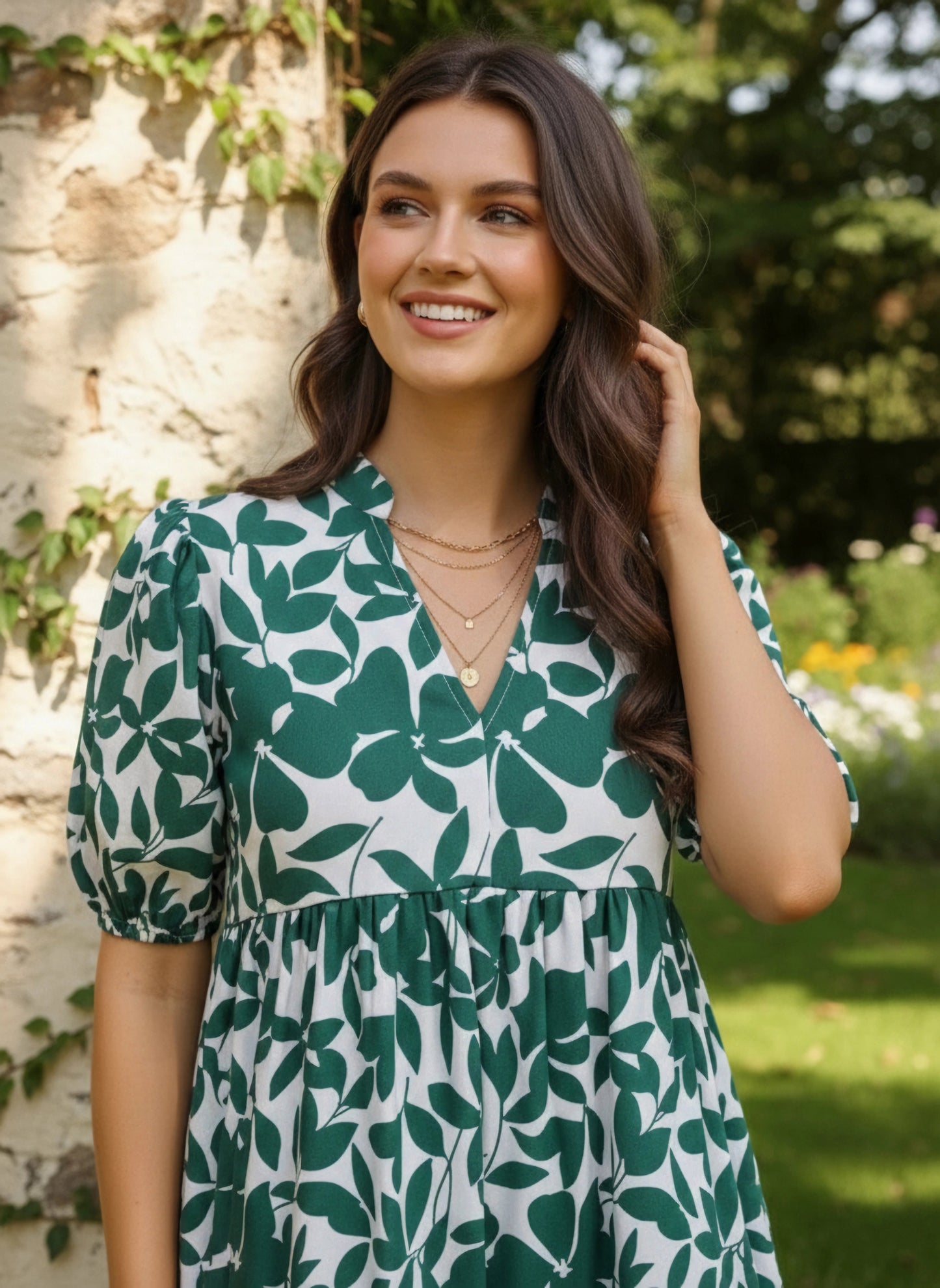 White & Green Floral Printed V-Neck Puff Sleeves Crepe Flounce Hem Ruffled A-Line Mini Dress