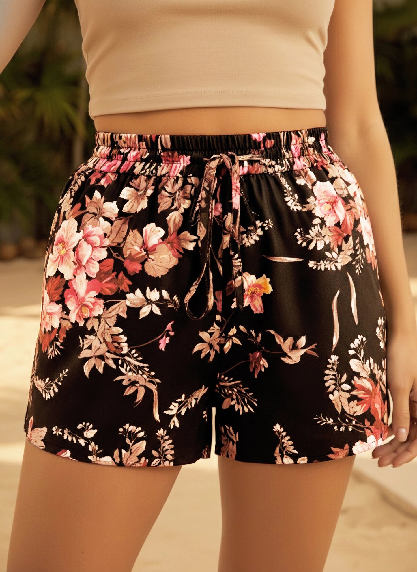 Berrylush Women Black & Pink Floral Printed High-Rise Elastic Waist Tie-Up Slip-On Mini Summer Shorts