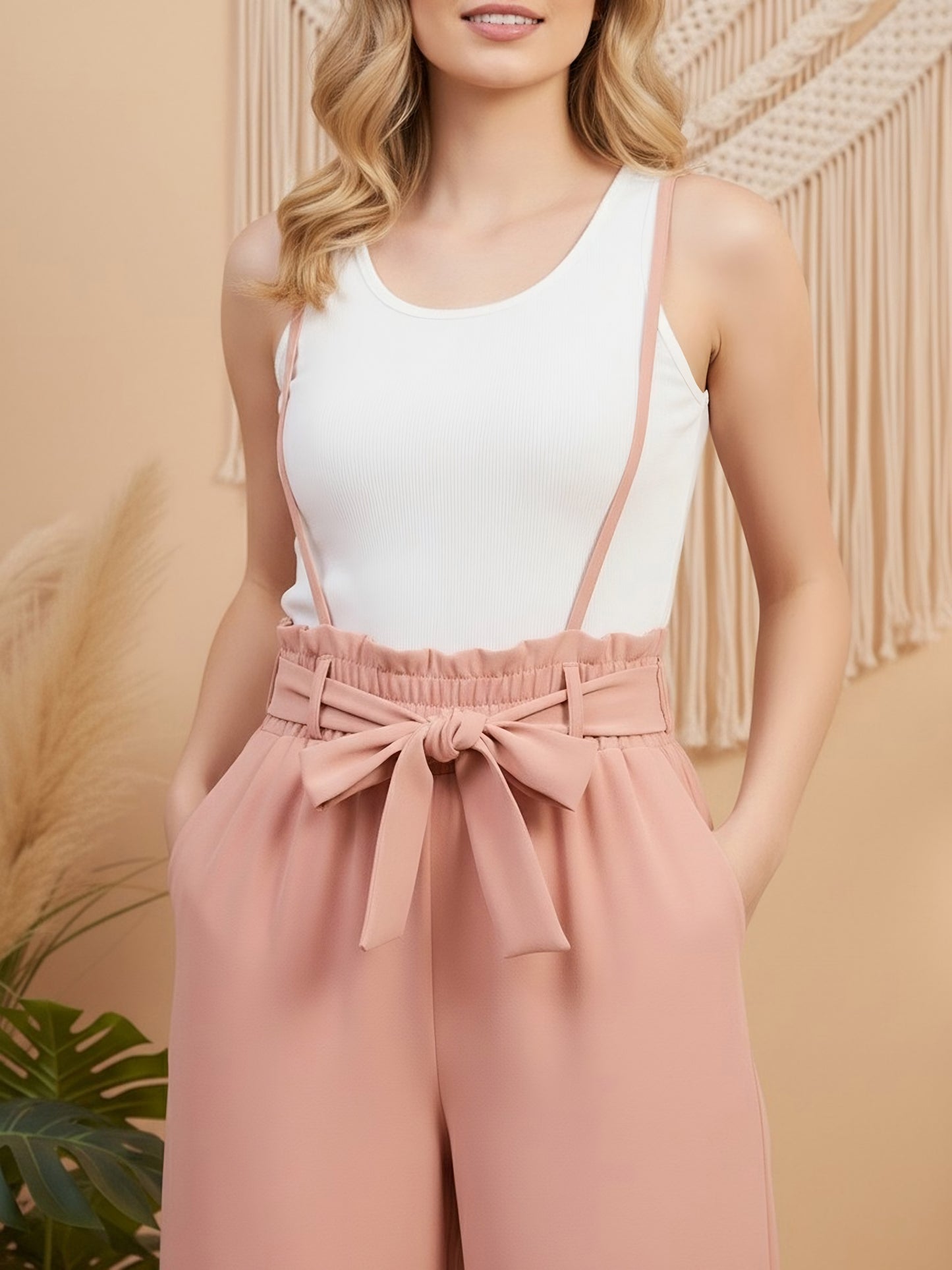 Berrylush Women Solid Light Pink Adjustable Shoulder Straps Sleeveless Tie-Up Waist Back Smocked Midi Capri Jumpsuit