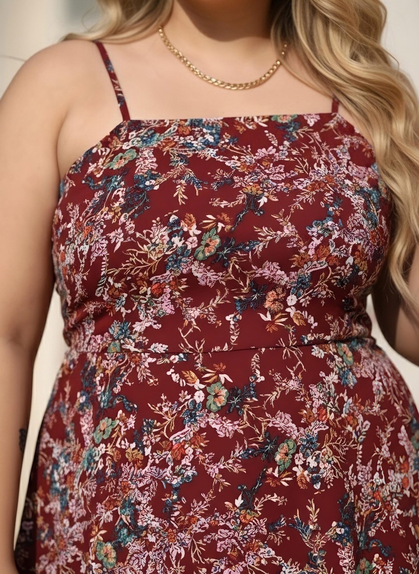 Berrylush Women Plus Size Maroon & White Floral Printed Square Neck Sleeveless Crepe Fit & Flare Mini Dress