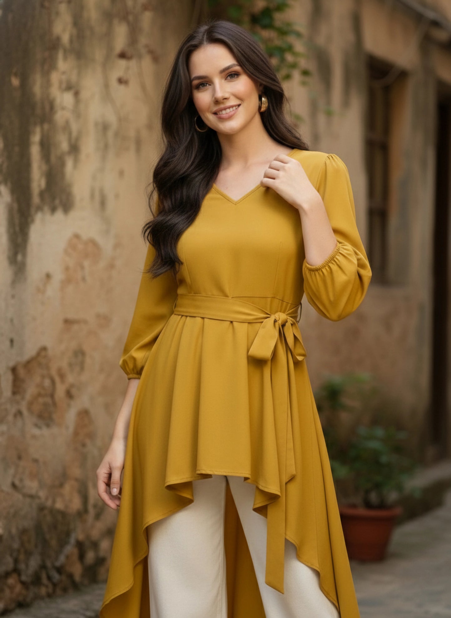 Solid Yellow V-Neck Bishop Sleeves Tie-Up Waist High-Low Hem Pleated Longline Top