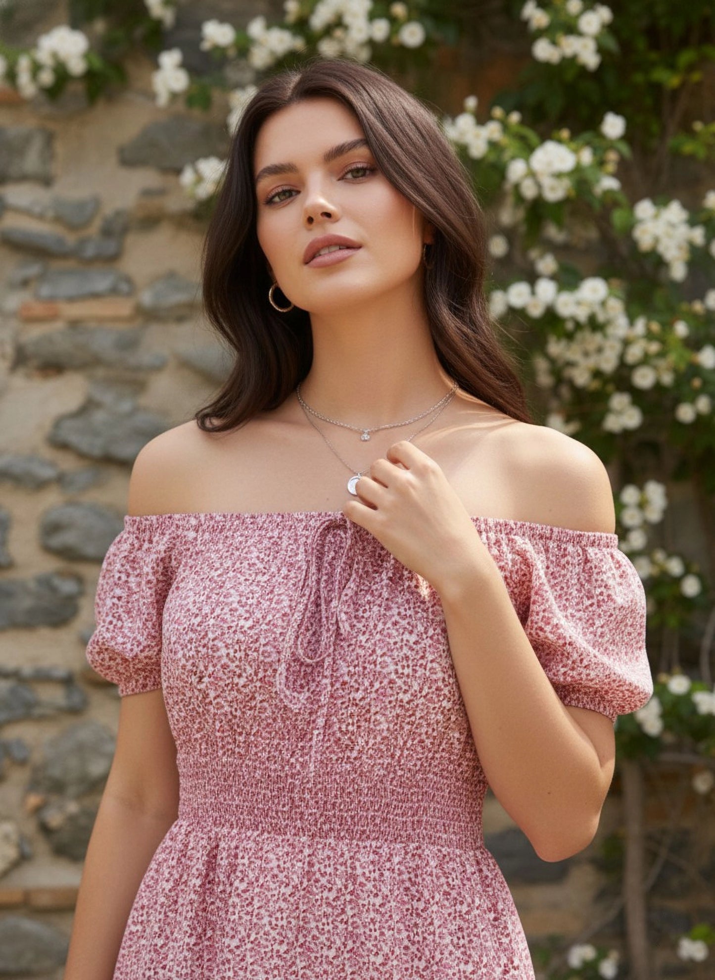 White & Pink Floral Printed Off-Shoulder Neck Front Tie-Up Pleated Fit & Flare Mini Dress