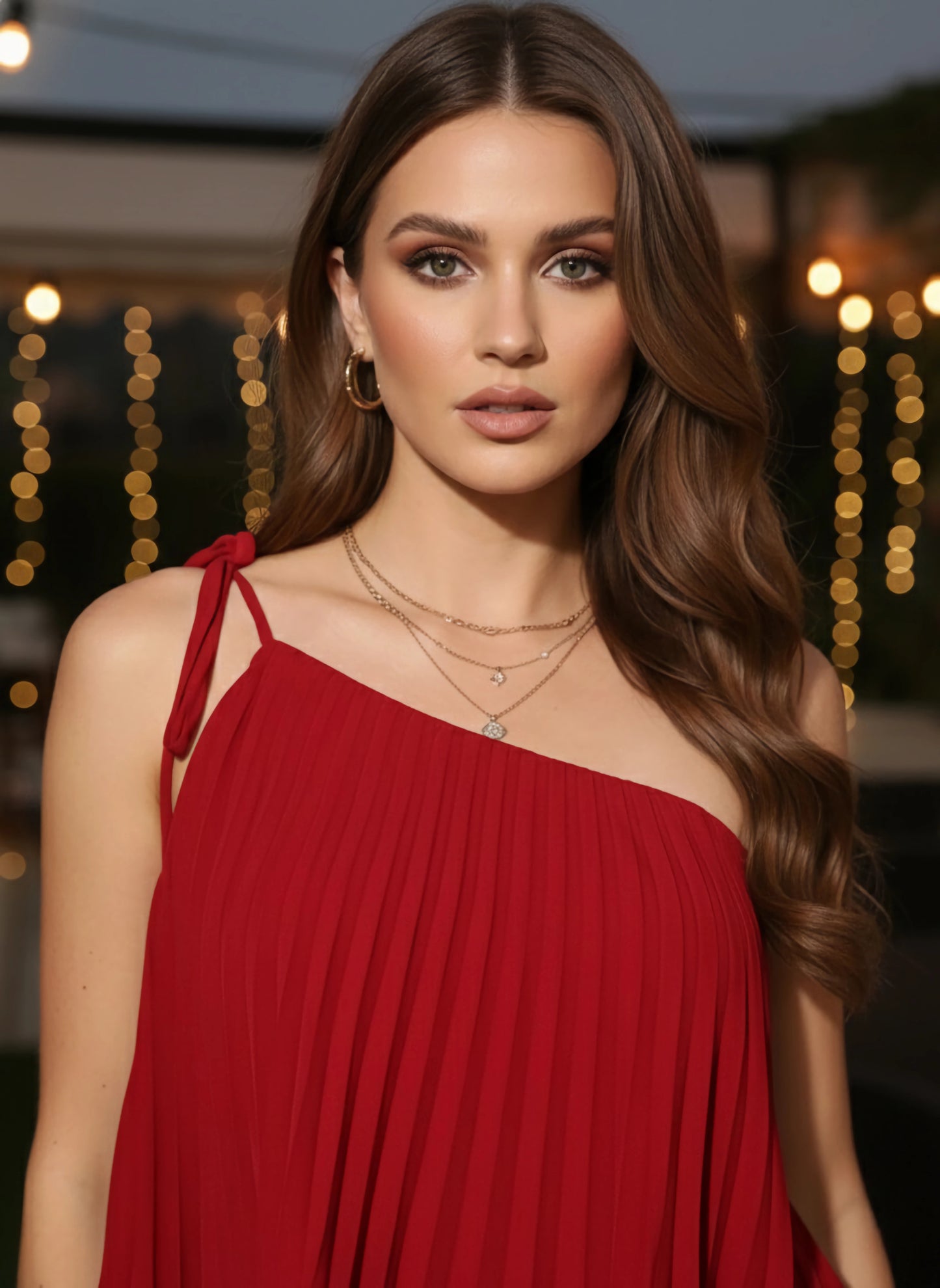 Berrylush Women Solid Red One-Shoulder Neck Tie-Up Strap Crepe Pleated A-Line Mini Dress