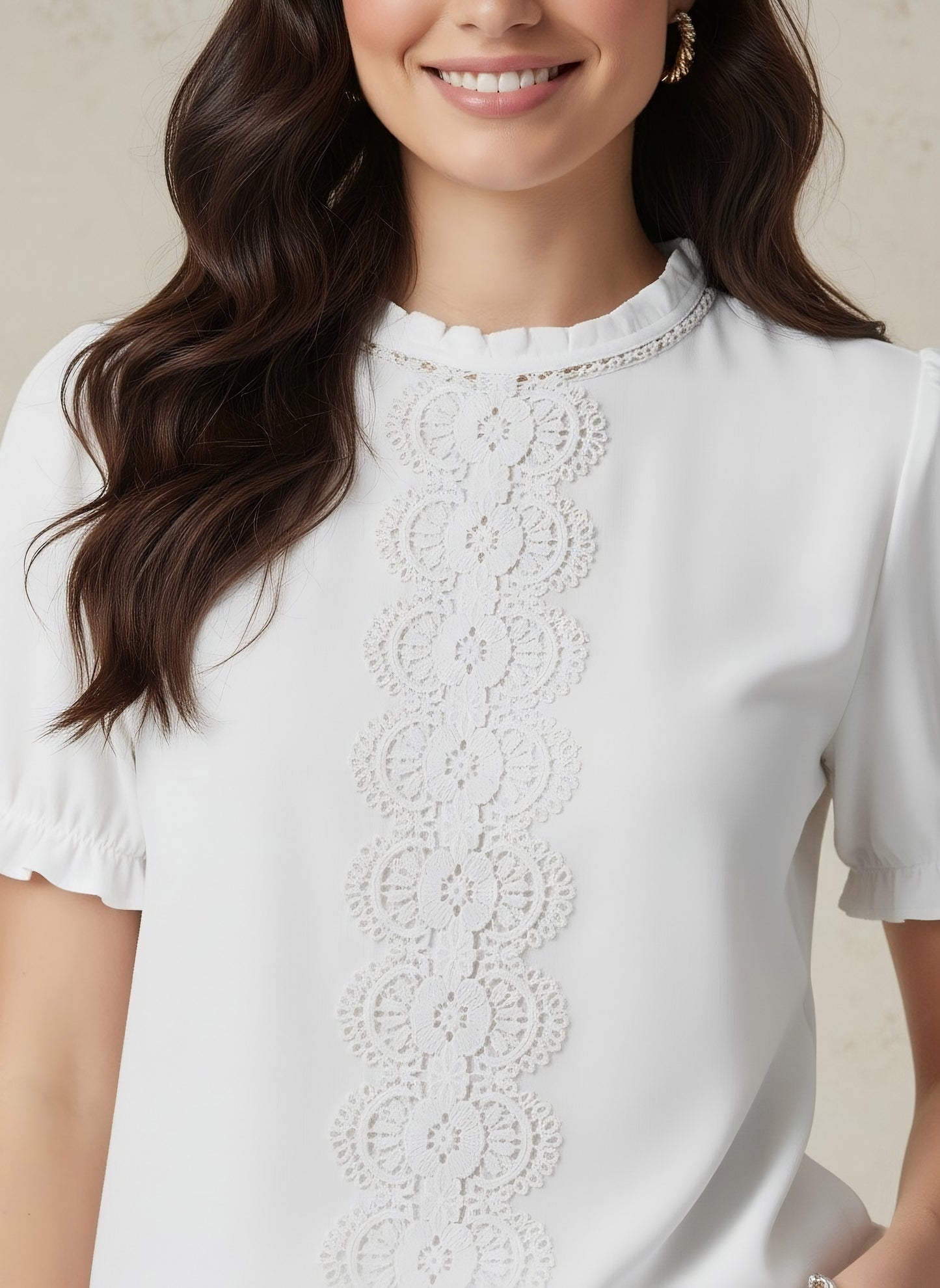 Berrylush Women White Solid Stand Collar Puff Sleeve Regular Top